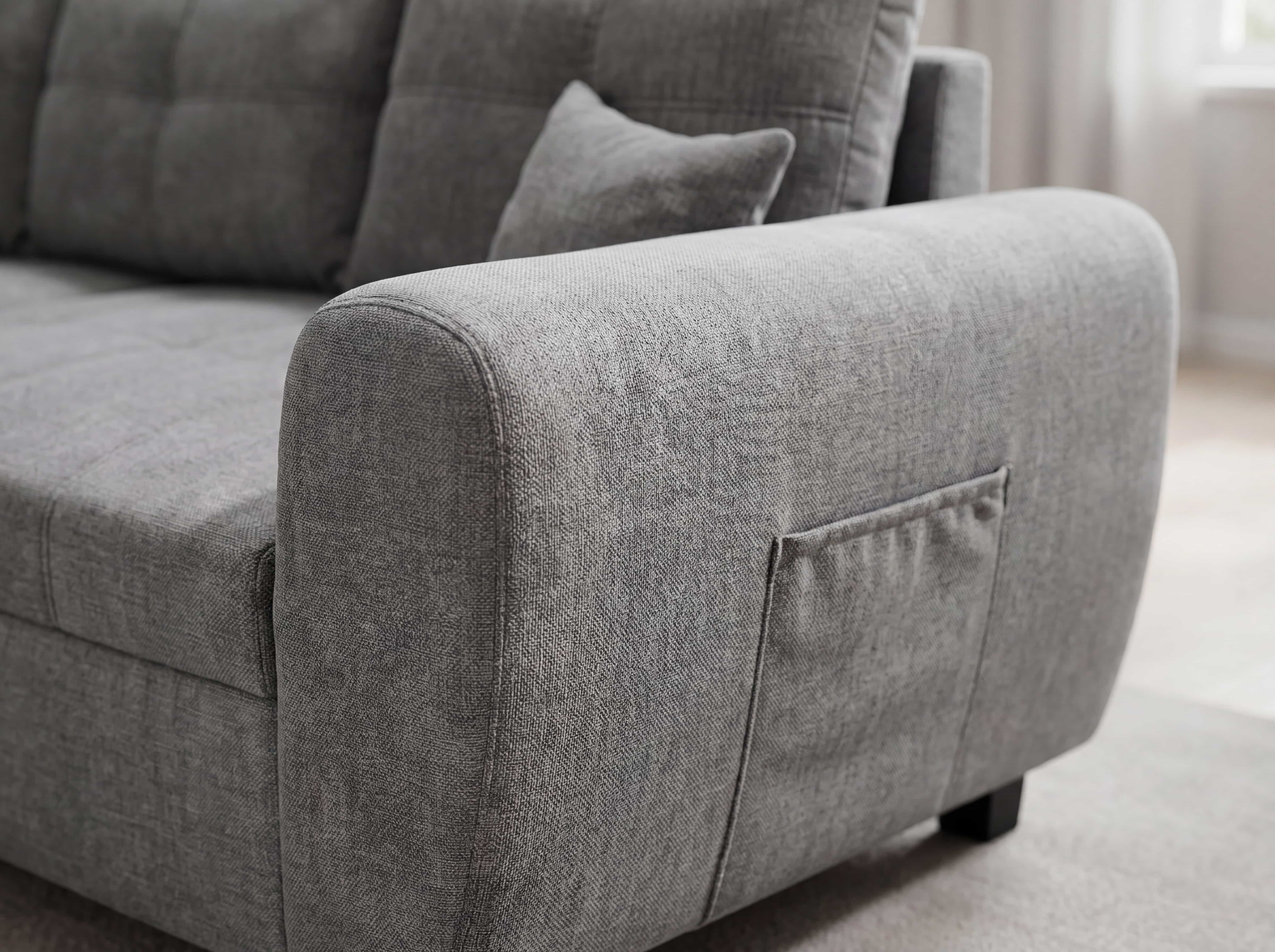 Ecksofa mit grauem Stoffbezug, breiter Armlehne, Seitentasche und abgestepptem Rückenteil