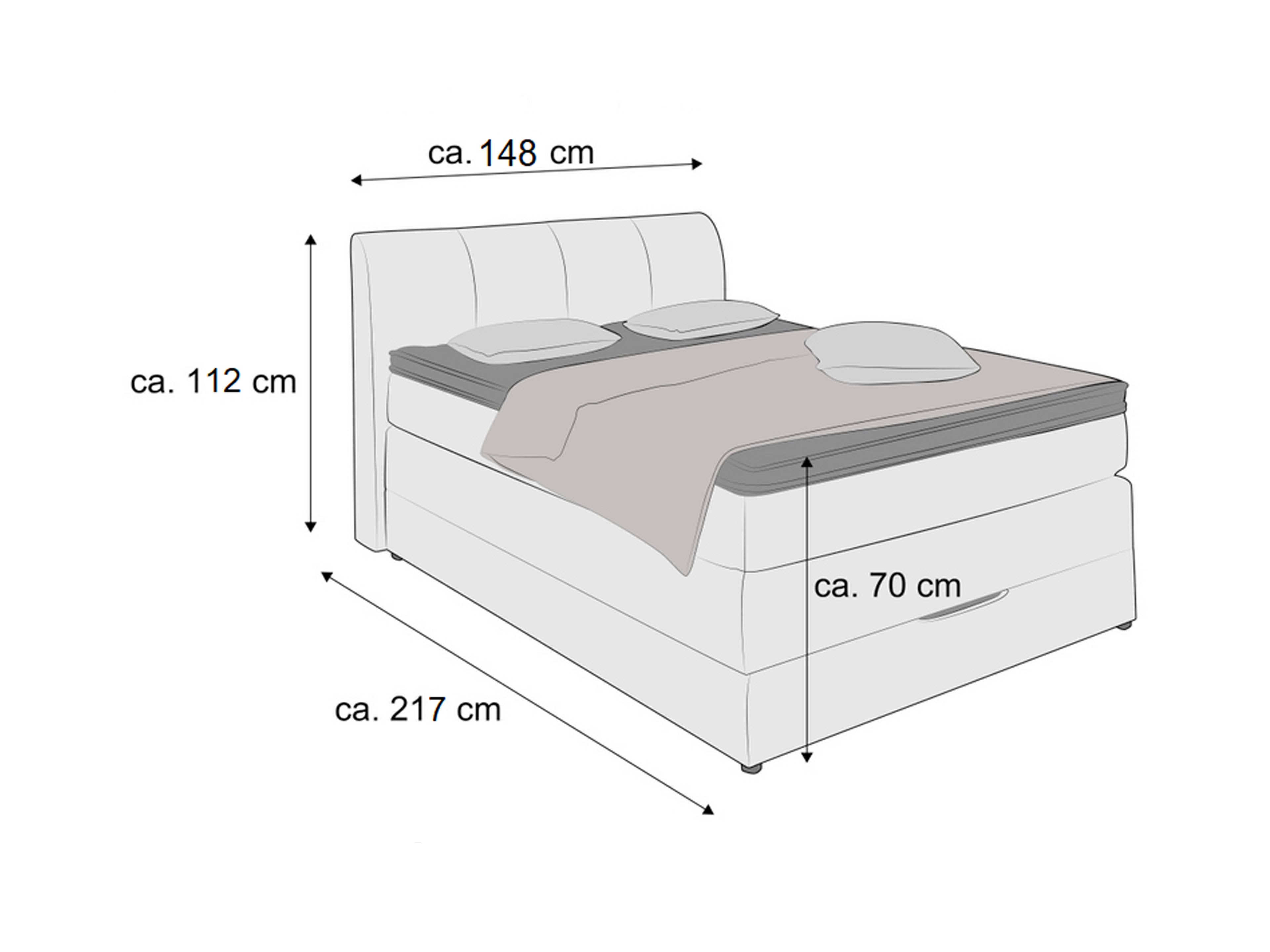 Boxspringbett mit gestepptem, gepolstertem Kopfteil, hellem Stoffbezug und sichtbarer Matratze