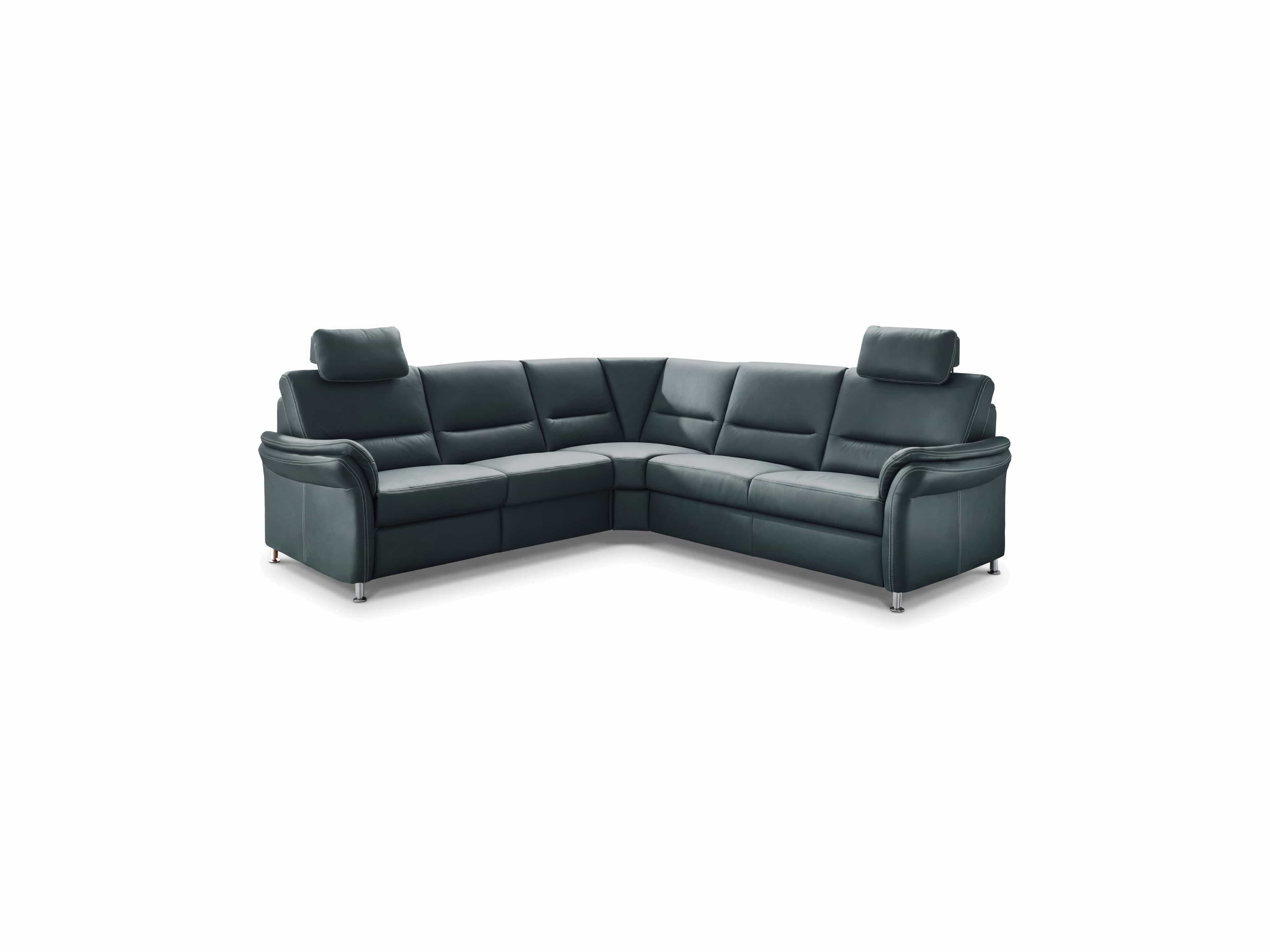 Ecksofa Pontenova – dunkelgrauer Bezug, L-Form, gepolsterte Armlehnen, Kopfstützen, Metallfüße