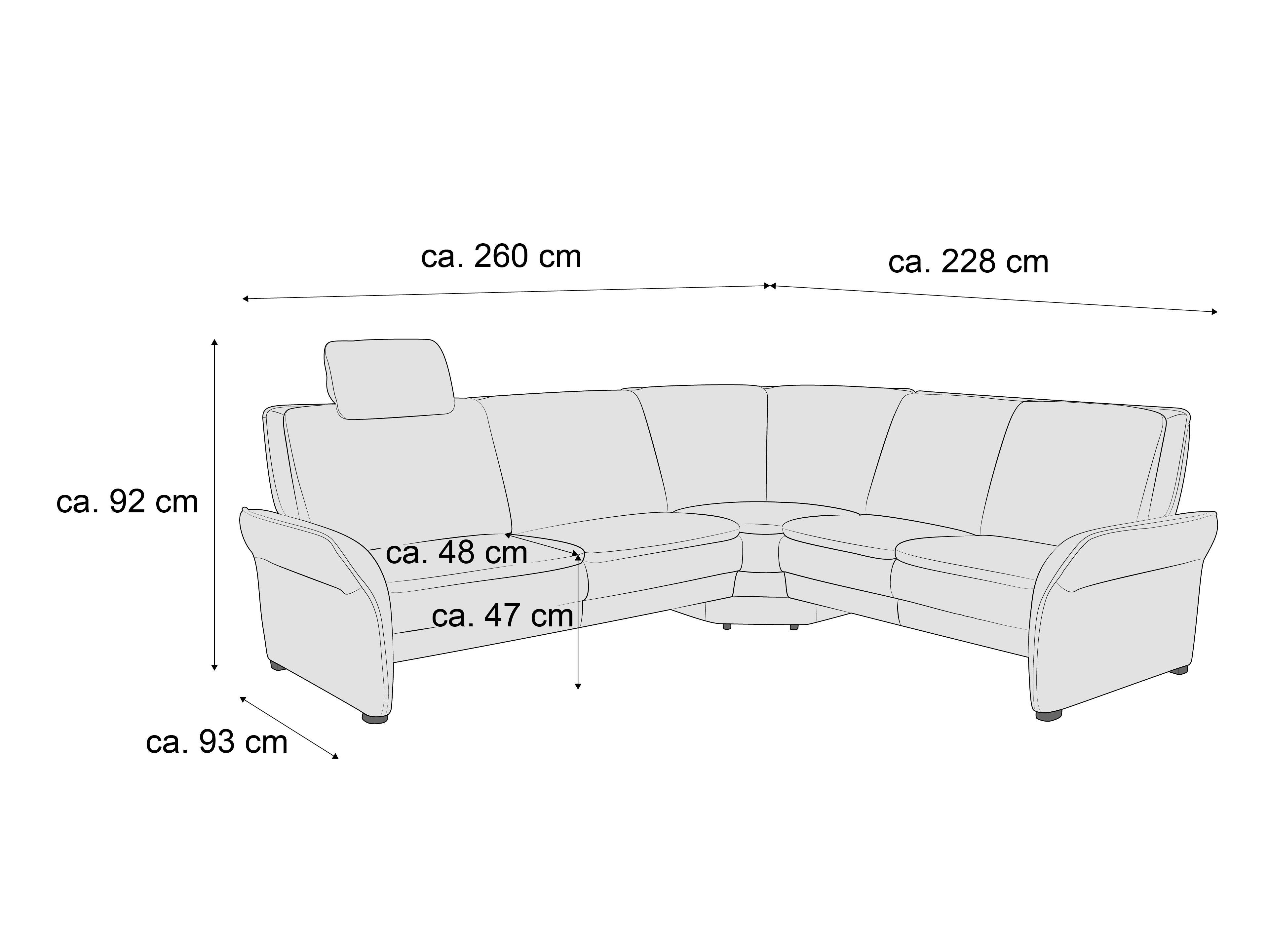 Ecksofa mit Stoffbezug in heller Farbe, Armlehnen, Kopfstütze und sichtbaren Nähten, L-Form