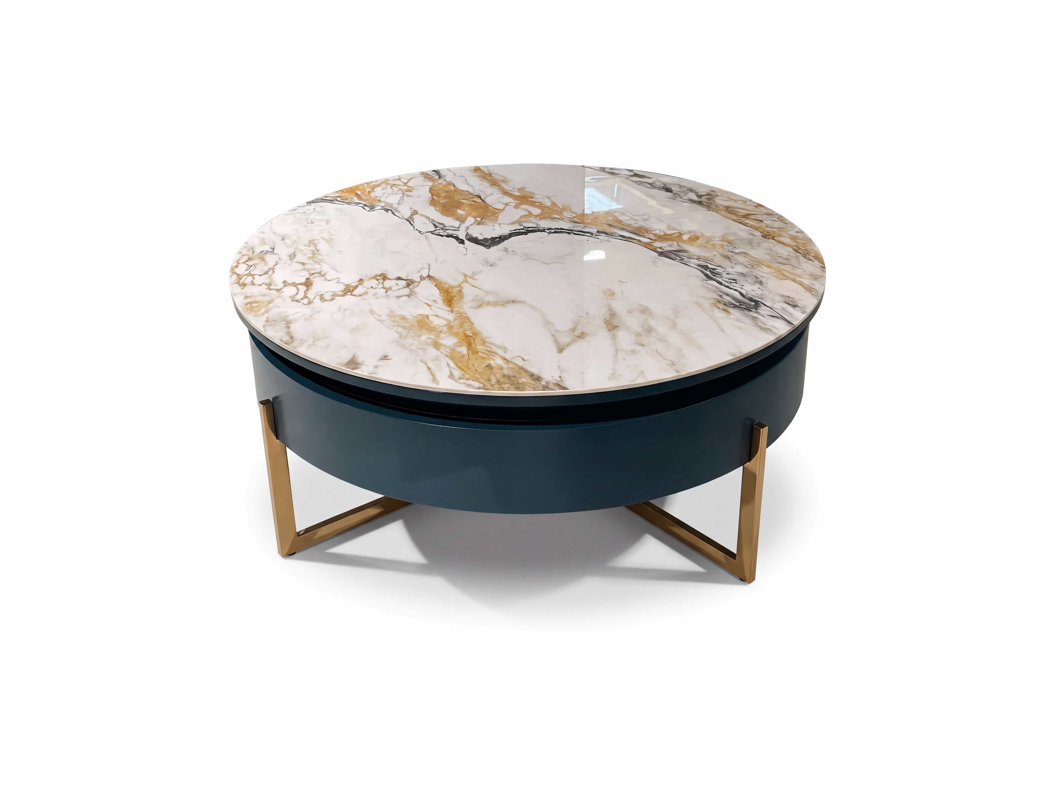 Runder Couchtisch mit weiß-gold marmorierter Platte, blauem Korpus und goldfarbenem Metallgestell