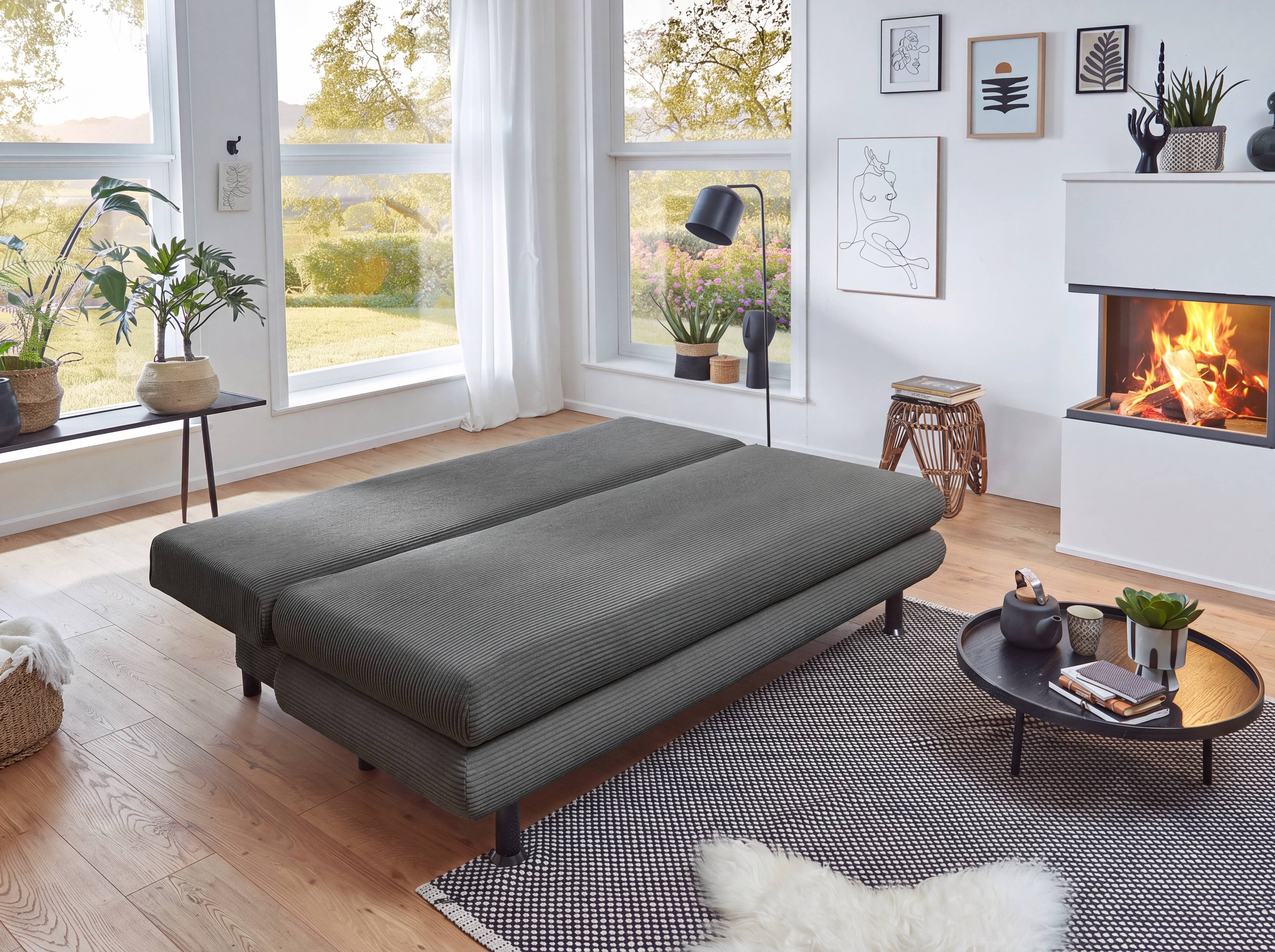 Schlafsofa von Kabs Polsterwelt mit gerader Liegefläche, grauer Stoffbezug, schwarze Füße