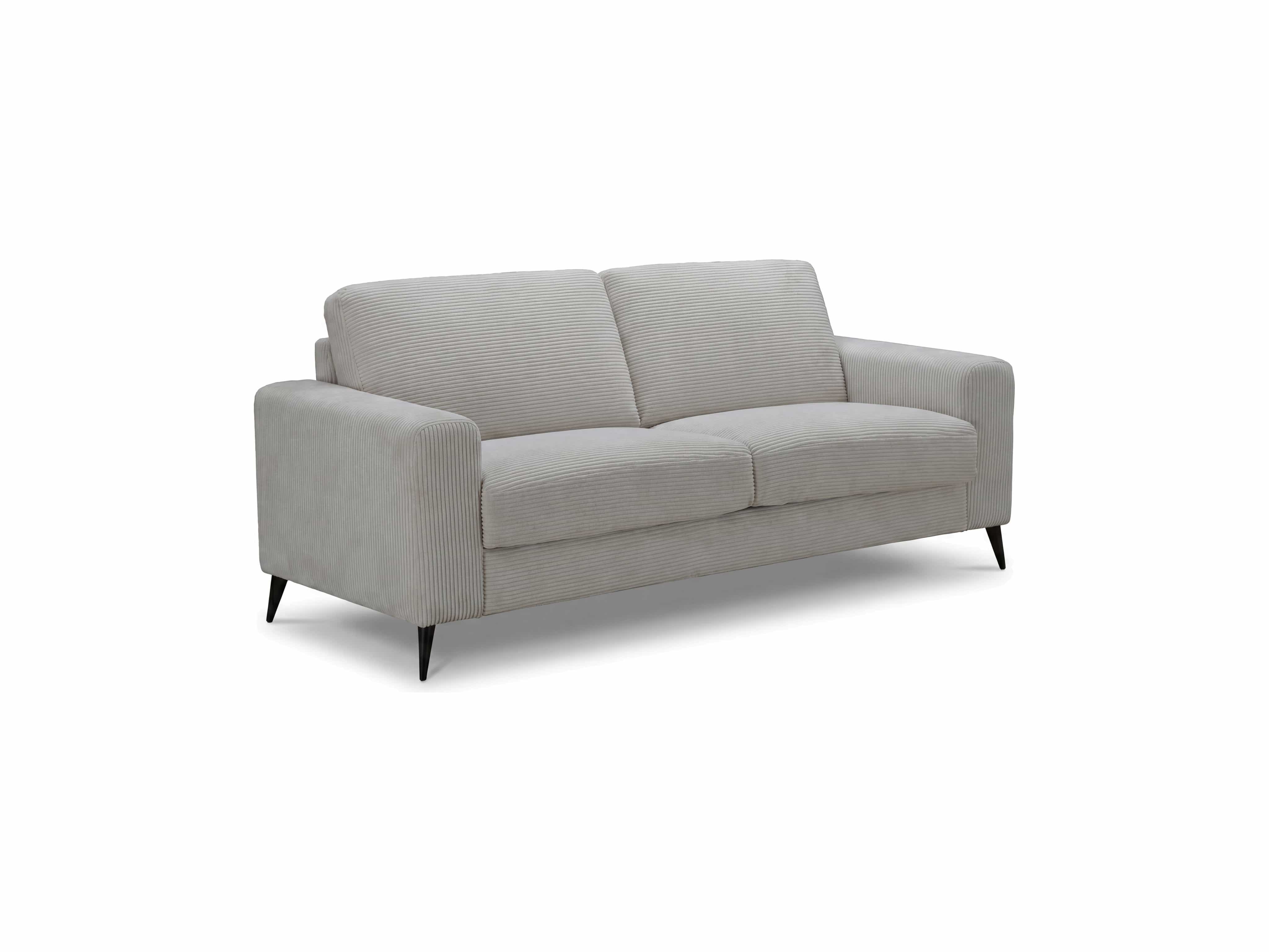 3-Sitzer Sofa Amelie mit hellgrauem Cordbezug, breiten Armlehnen und schwarzen schmalen Füßen