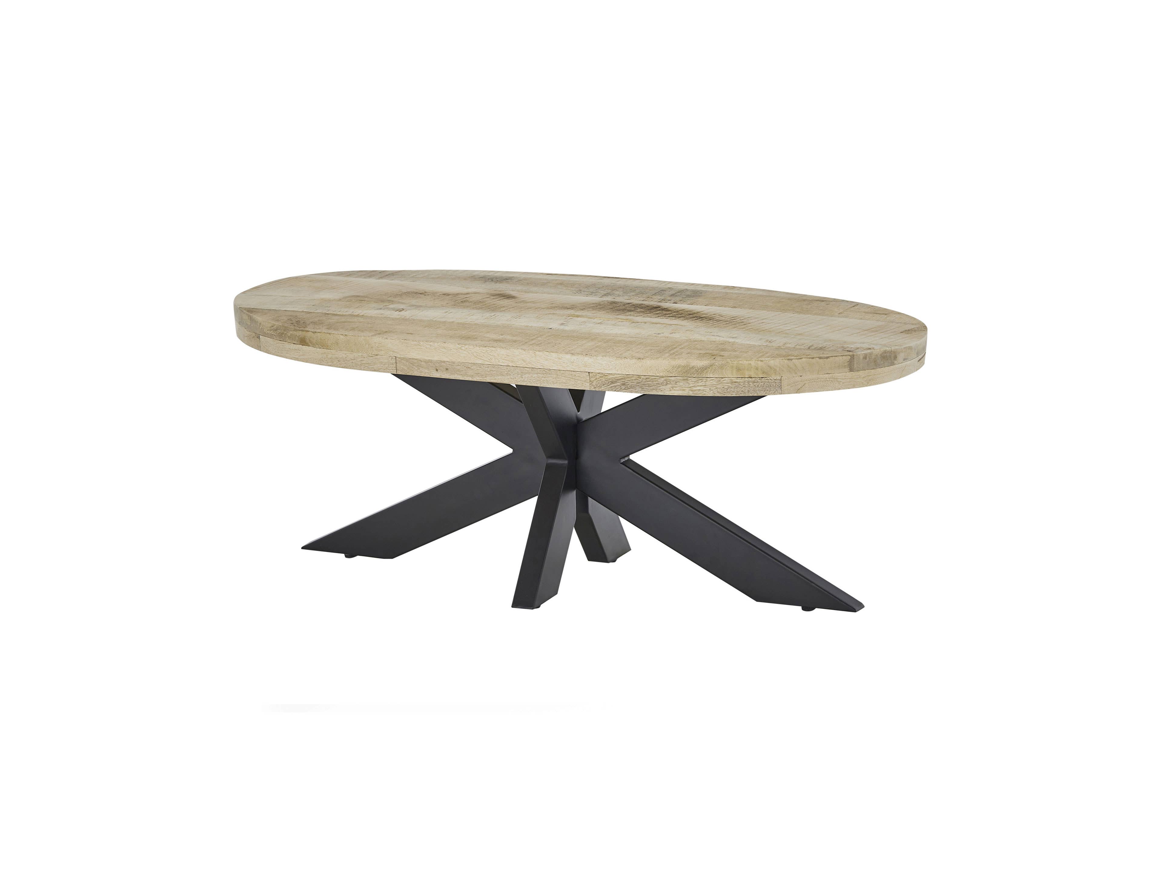 Couchtisch Sinapis – ovale Tischplatte in Holzoptik, schwarzes Metallgestell in Kreuzform