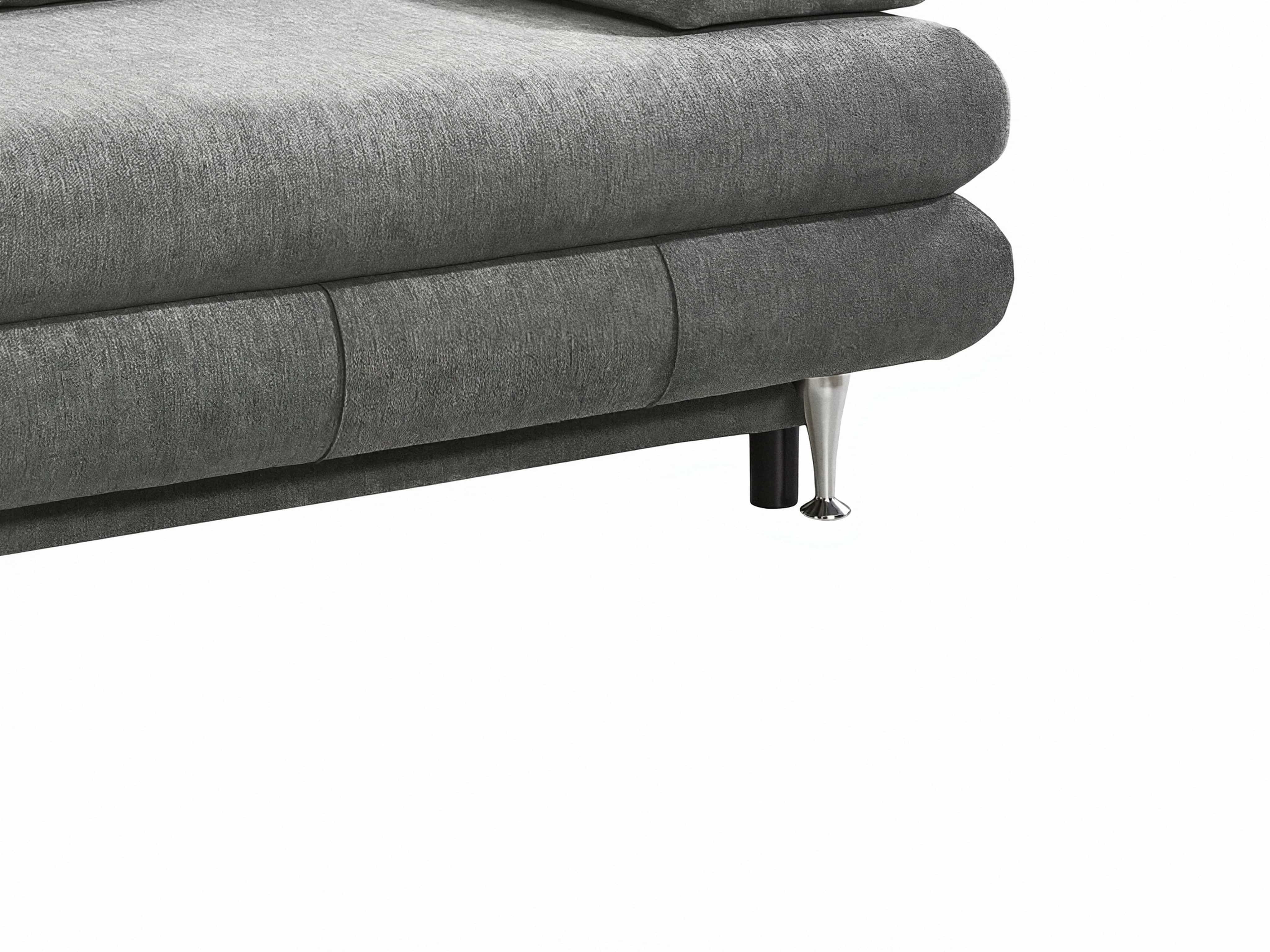 Ecksofa Alina mit grauem Stoffbezug, gepolstertem Sitz und runden Metallfüßen, Frontansicht