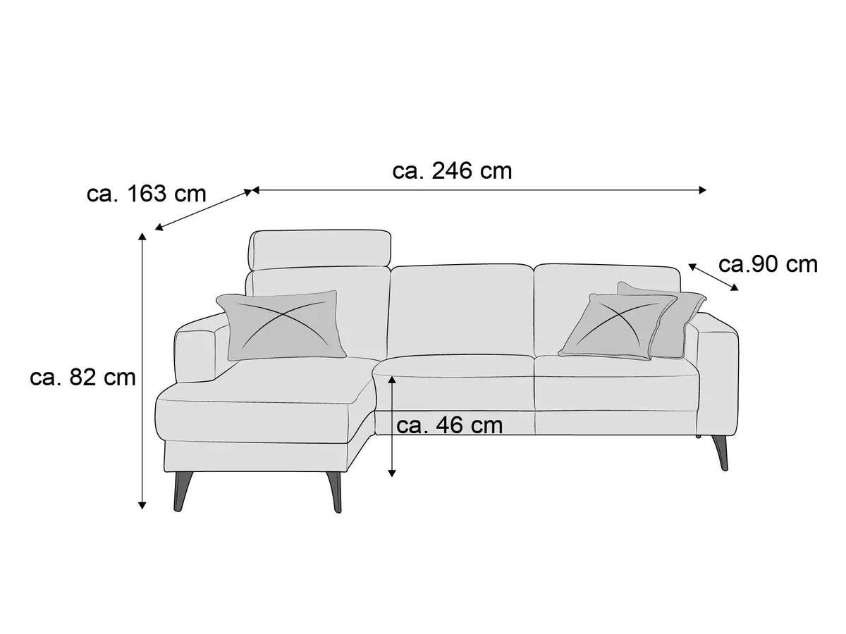 Ecksofa mit Armlehnen, verstellbarer Kopfstütze, zwei Kissen und hohen Füßen, moderne Form
