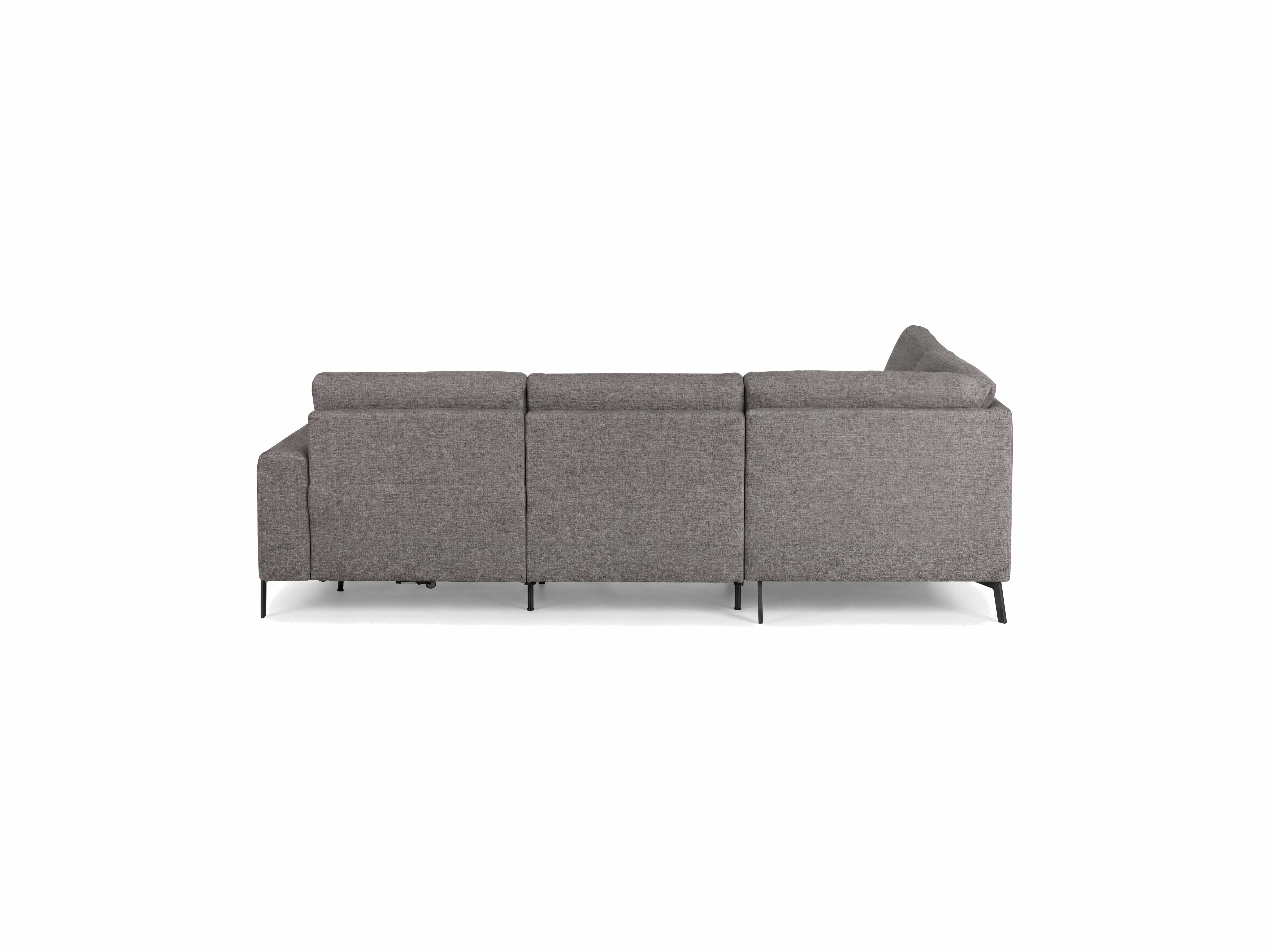 Ecksofa Cheb – Rückansicht mit grauem Bezug und schmalen schwarzen Füßen