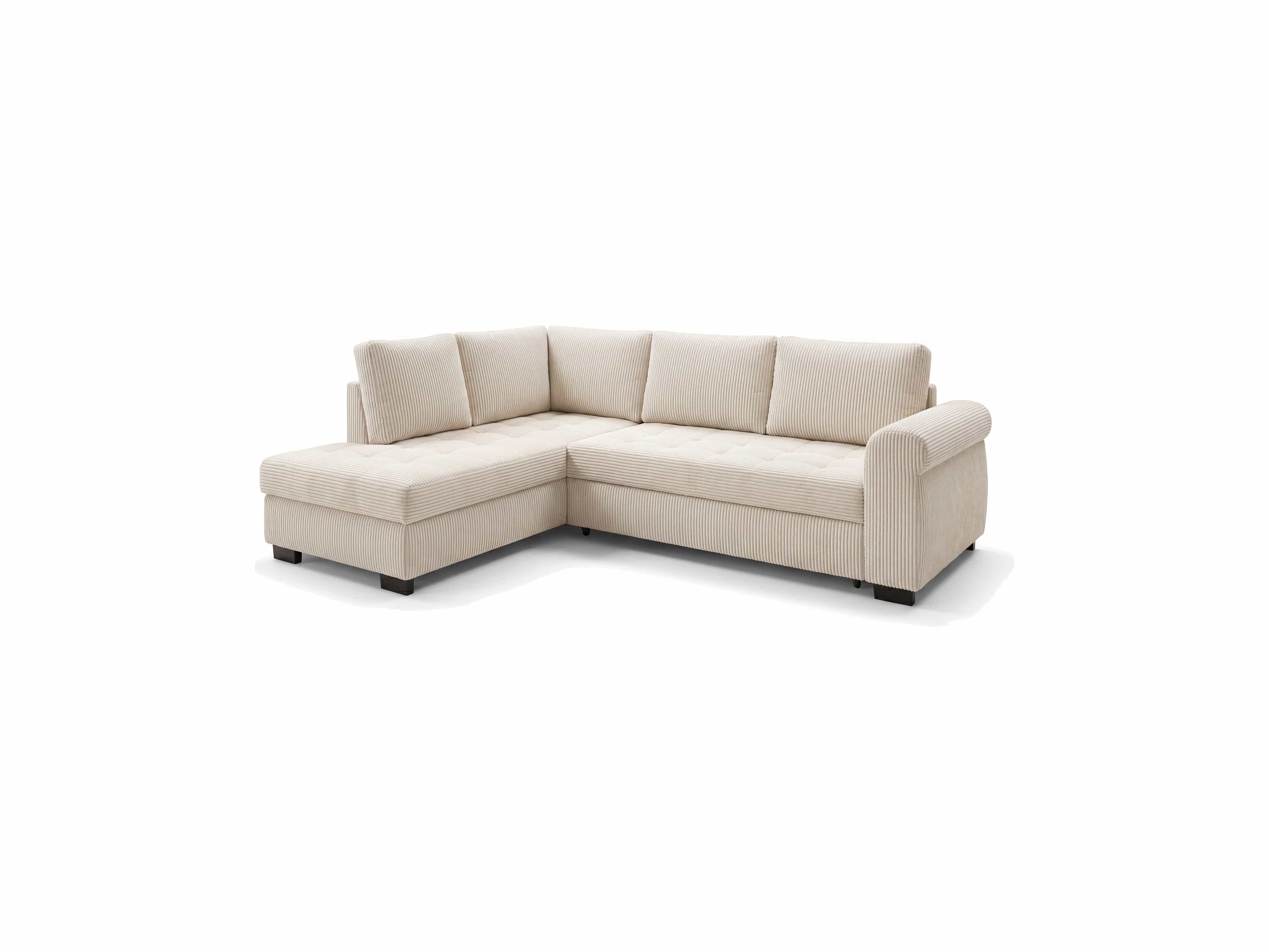 Ecksofa Memphis mit beigem Cordbezug, L-Form, gepolsterten Rückenkissen und Armlehnen links