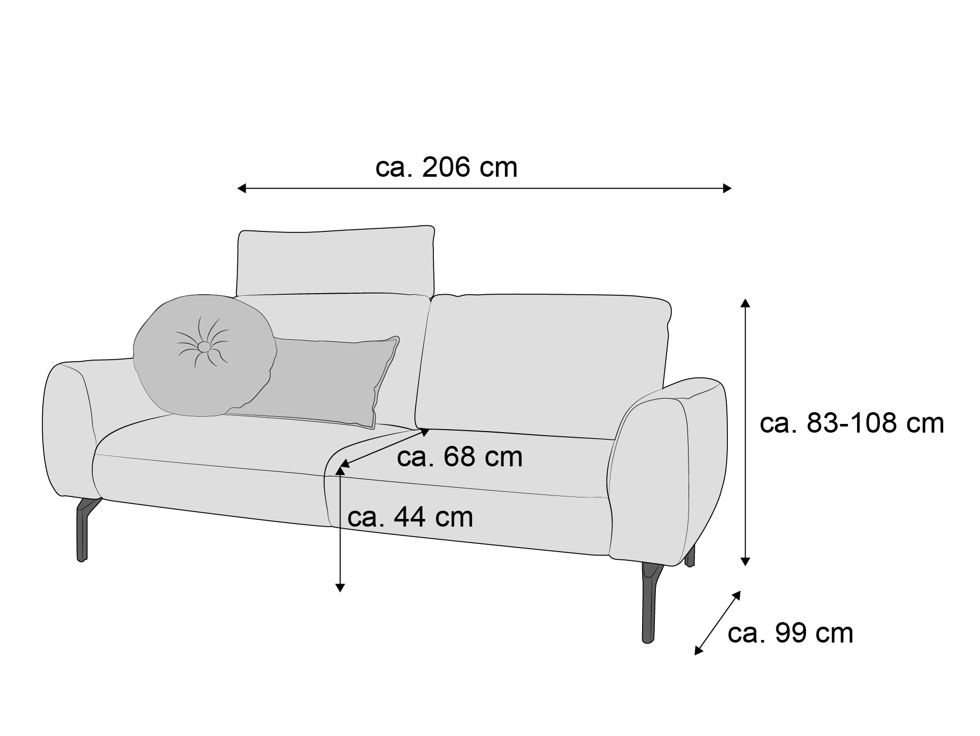 2-Sitzer Sofa mit zwei Armlehnen, Polsterung, zwei Kissen und Metallfüßen, Maße angegeben