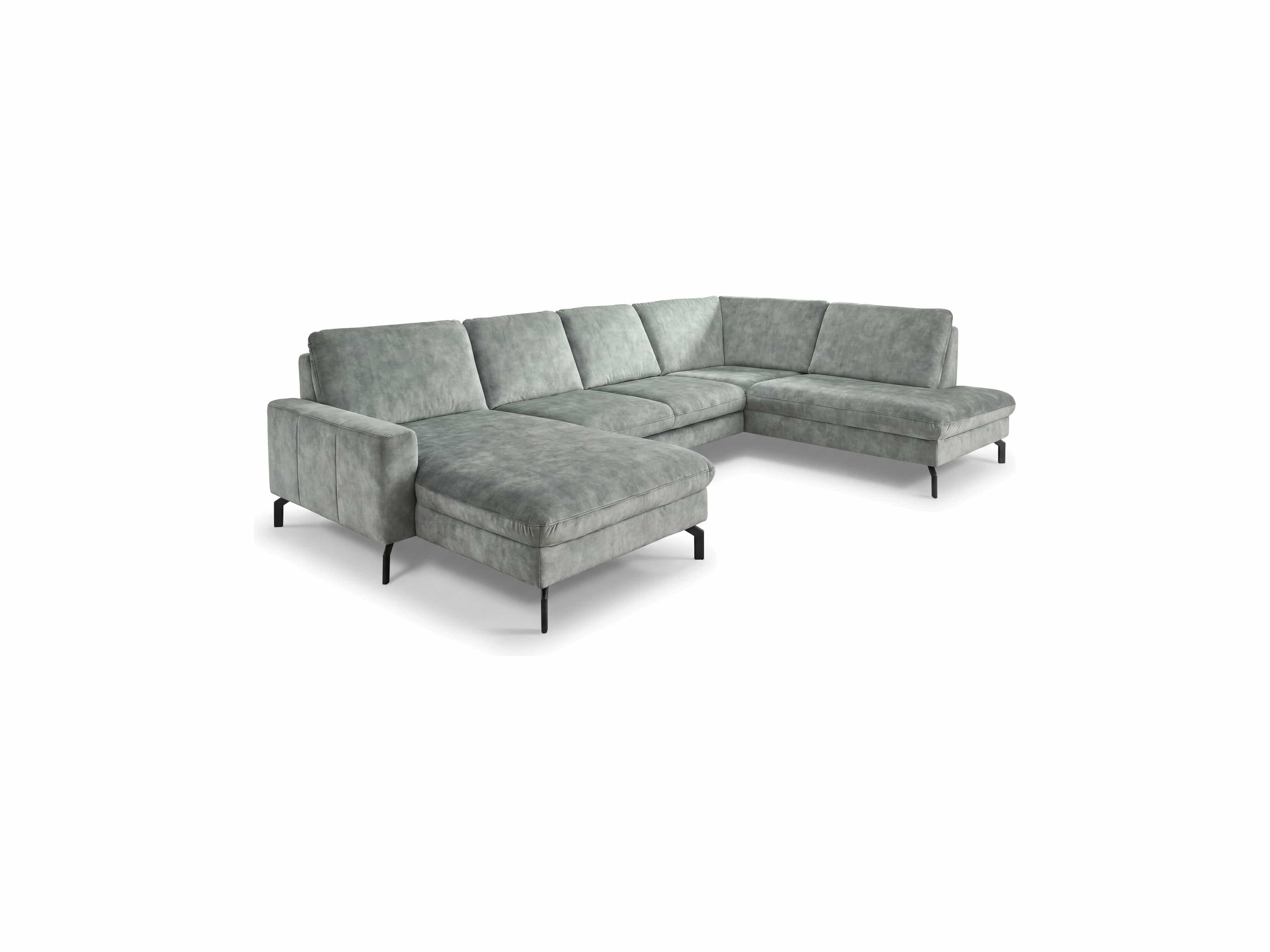 Ecksofa Kabs Polsterwelt mit grauem Stoffbezug, gepolsterten Rückenlehnen und schwarzen Füßen