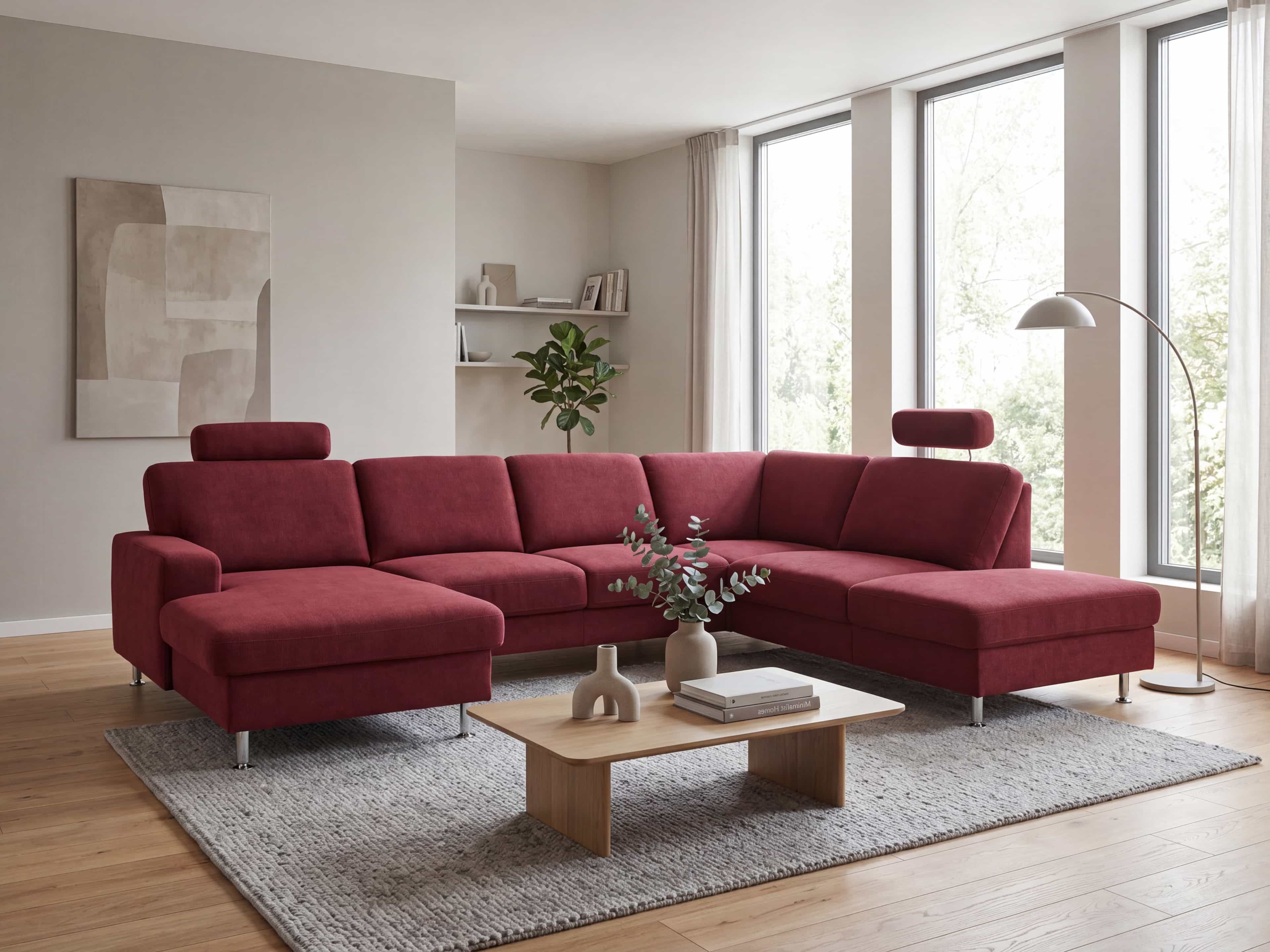 Ecksofa Dakota mit rotem Stoffbezug, zwei verstellbare Kopfstützen und chromfarbenen Füßen
