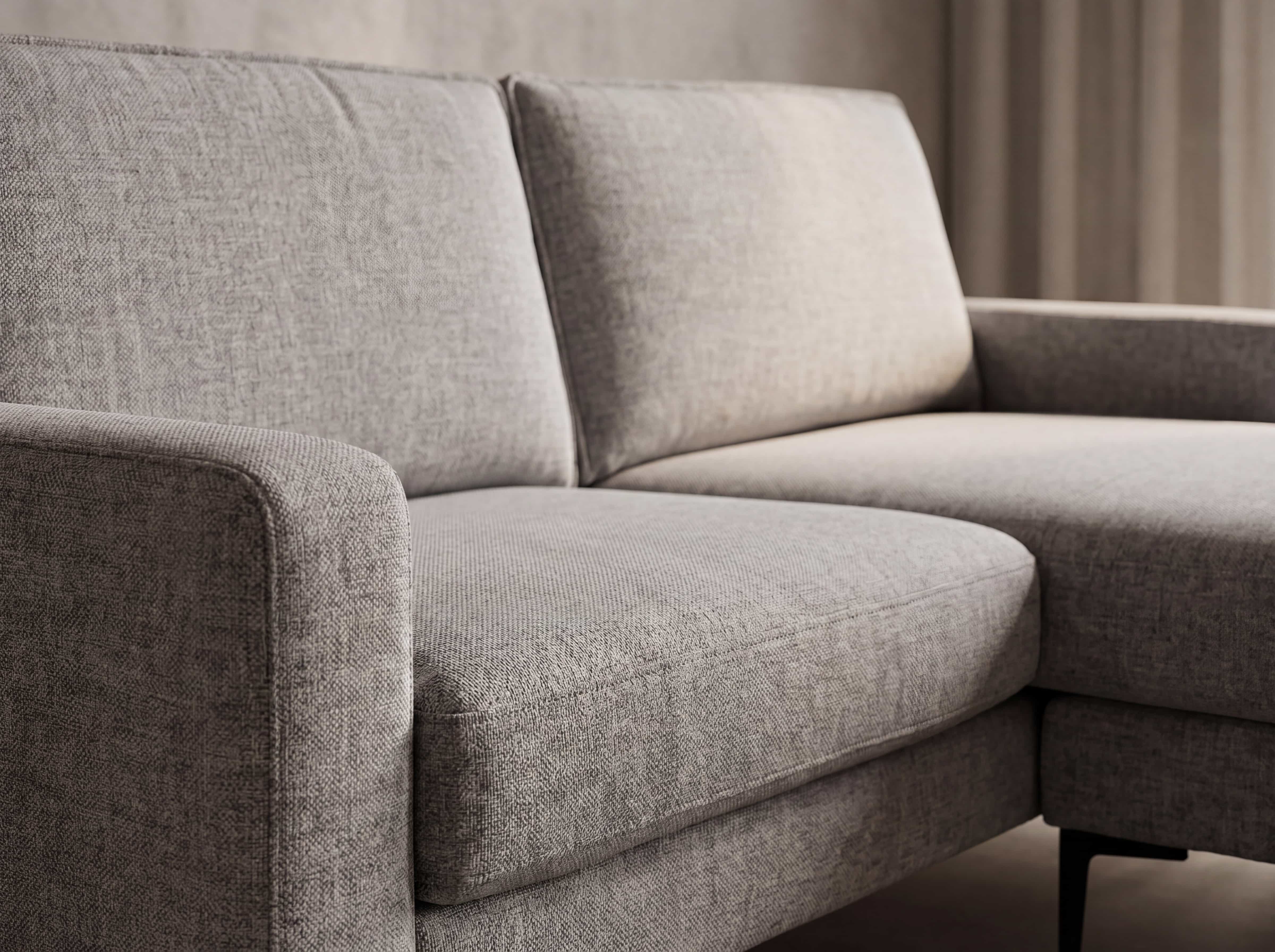 Ecksofa mit grauem Stoffbezug, gepolsterten Sitz- und Rückenkissen sowie breiten Armlehnen