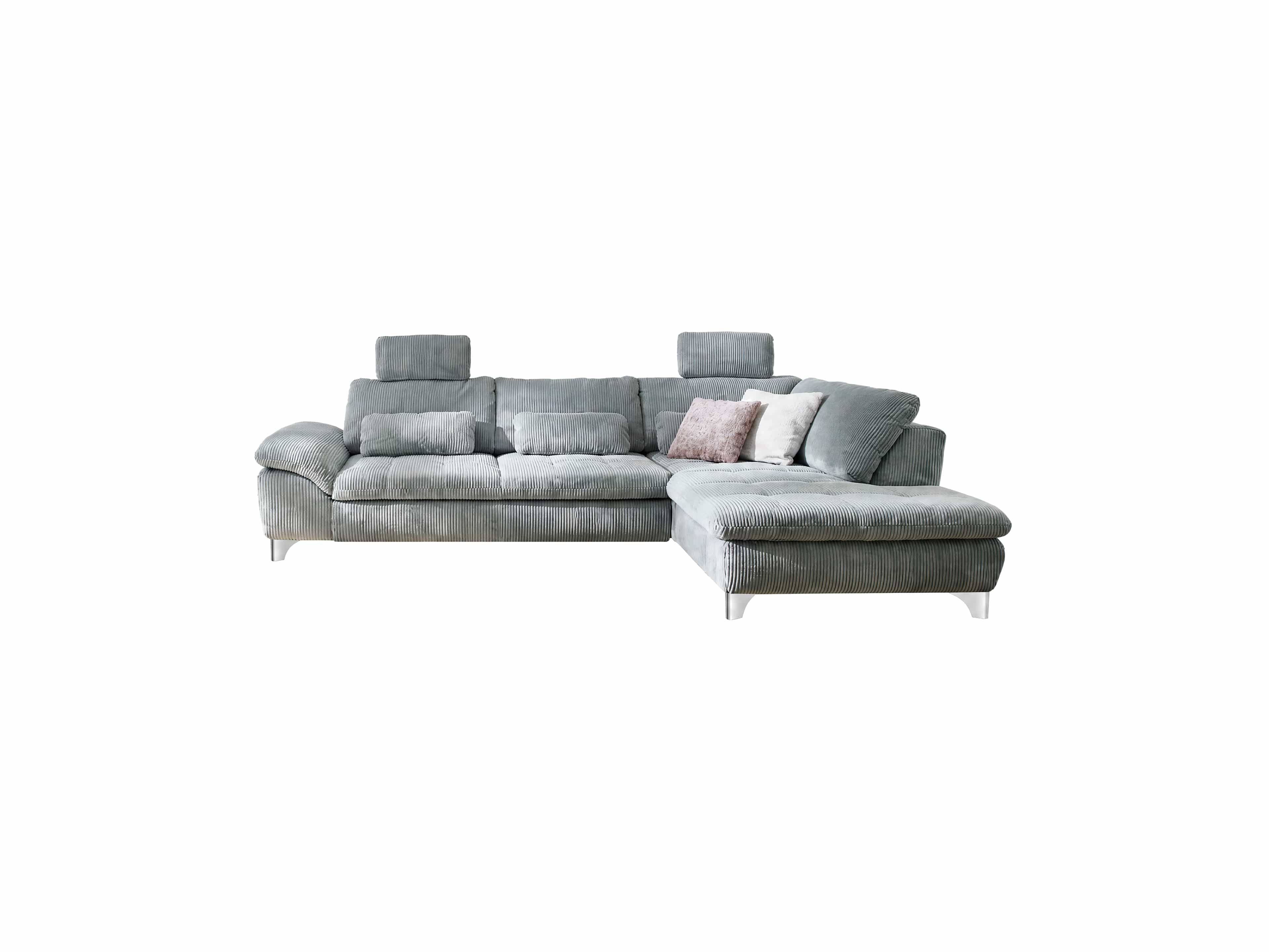 Ecksofa Emma mit grauem Cordbezug, verstellbaren Kopfstützen, rechter Ottomane und Metallfüßen