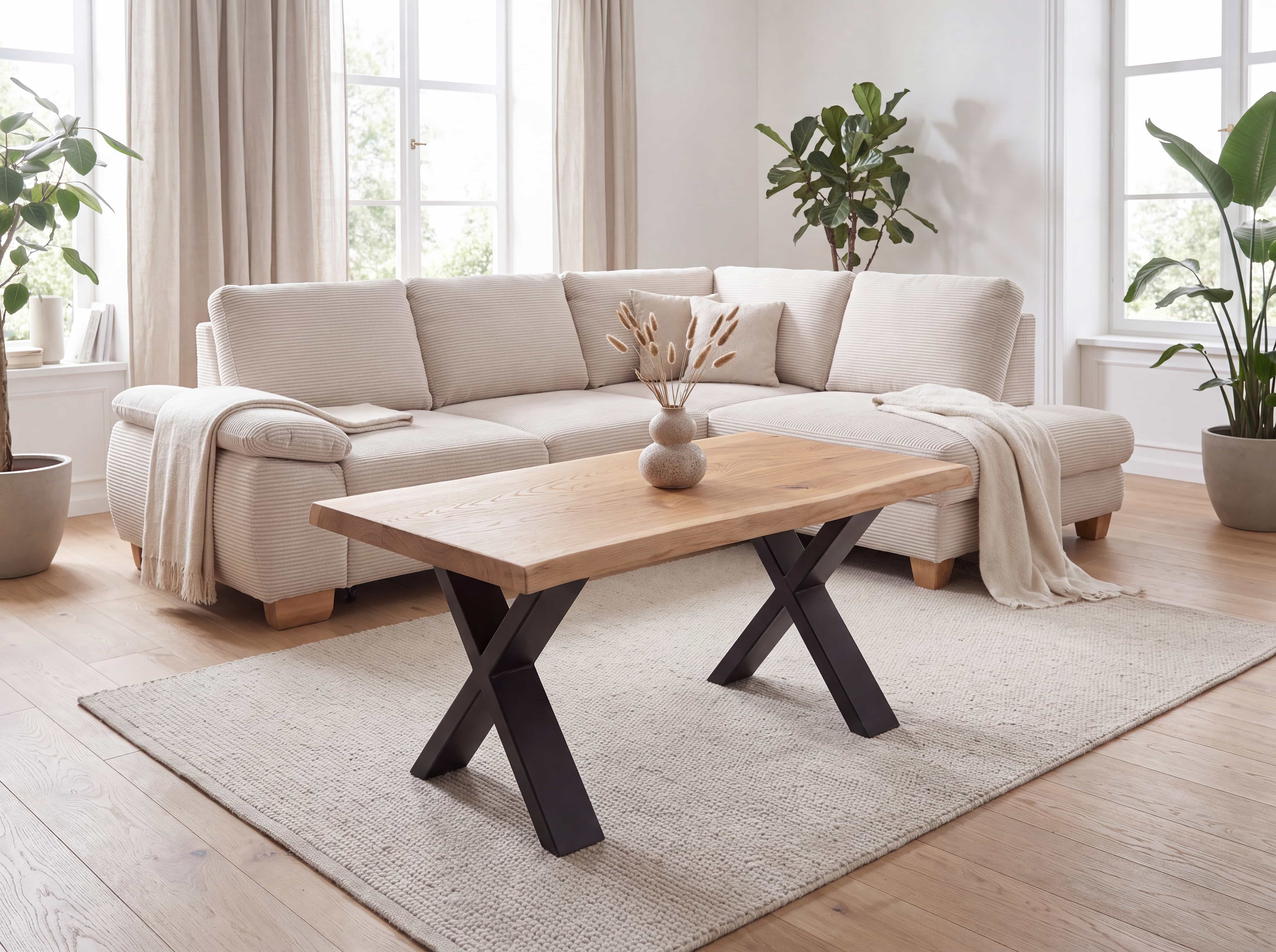 Ecksofa Kabs Polsterwelt mit cremefarbenem Stoffbezug, breiten Armlehnen und Holzfüßen