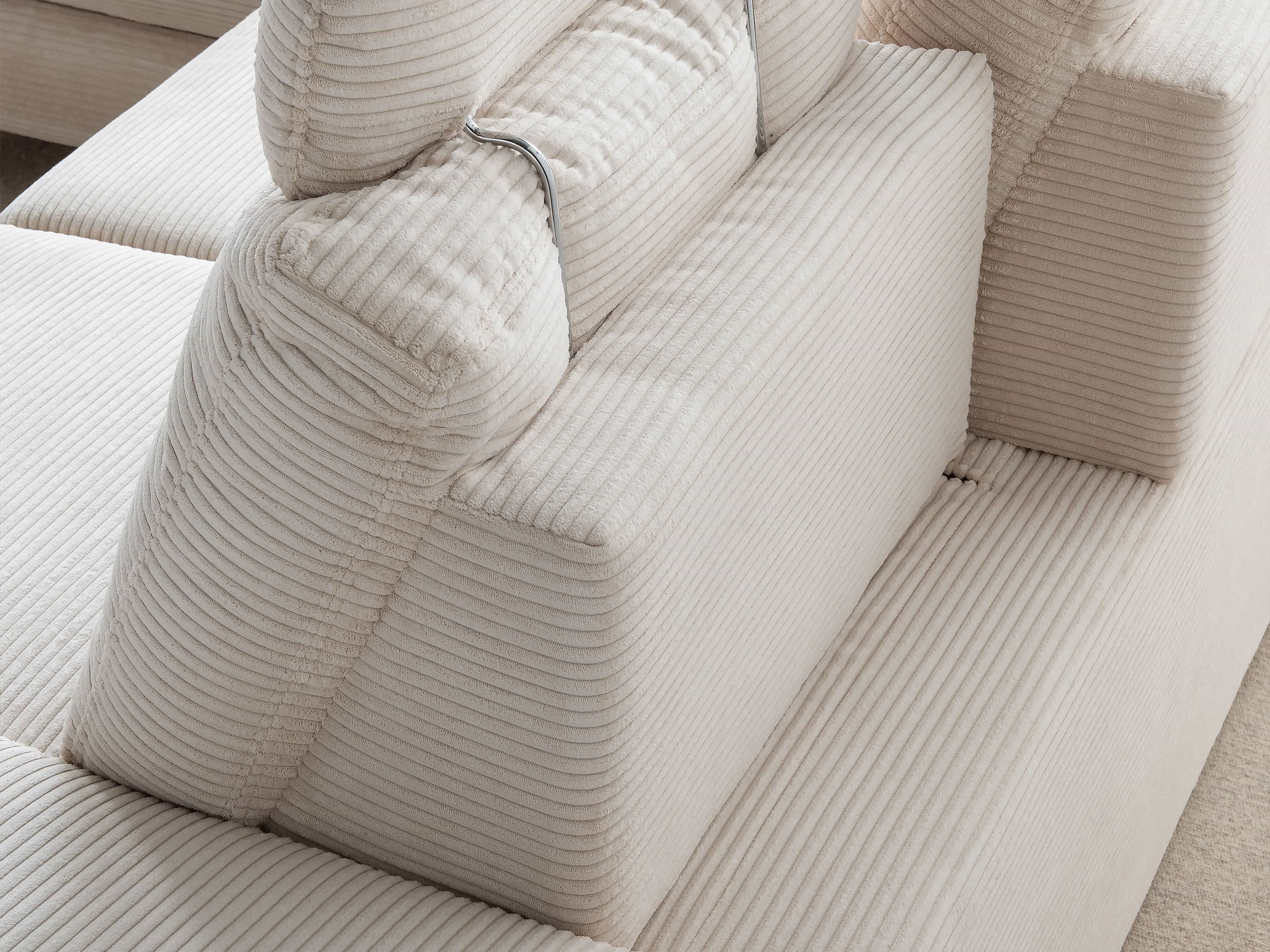 Sofa Cordula mit beigem, geripptem Stoffbezug und verstellbarer Rückenlehne mit Metallbügel