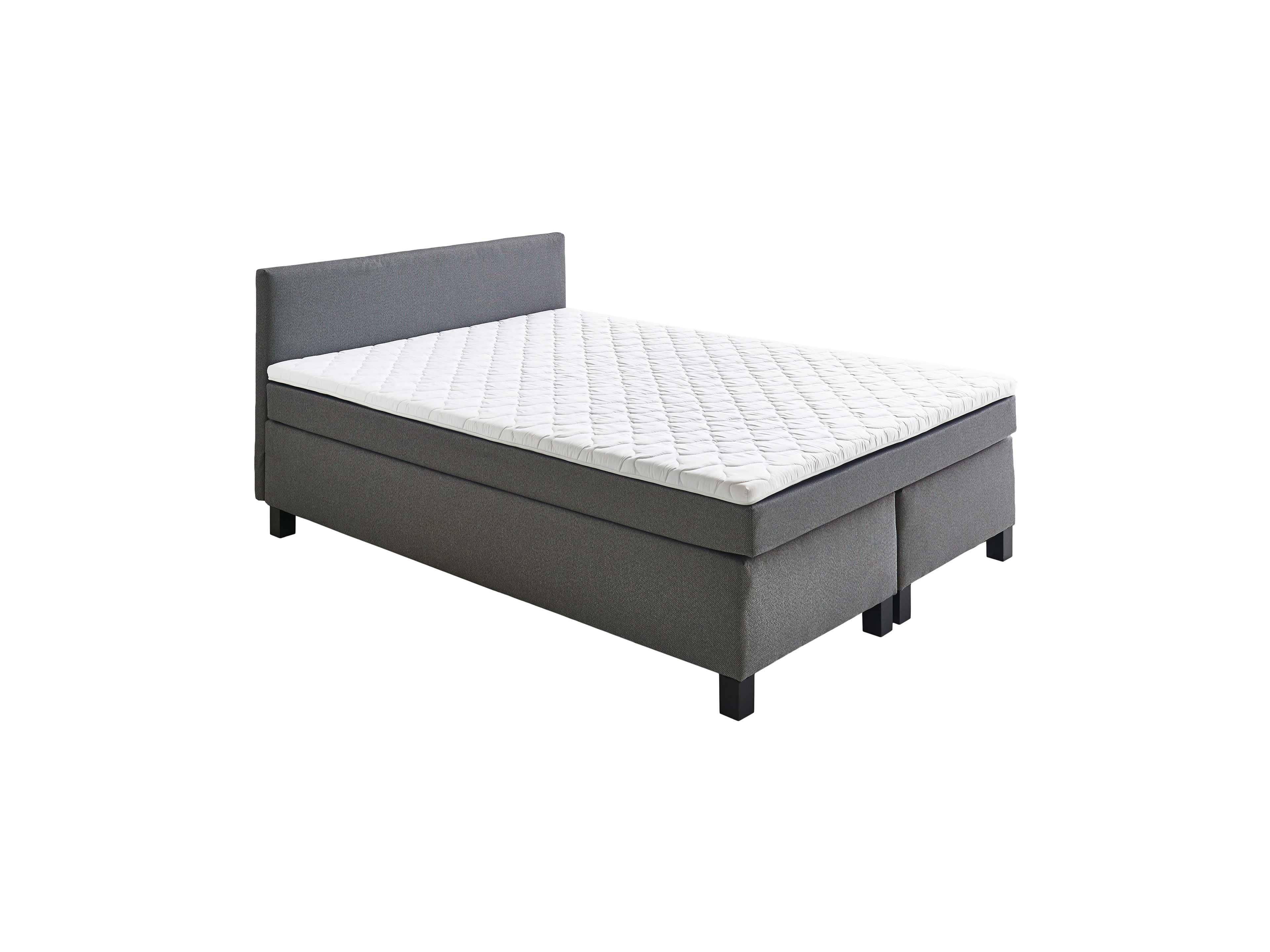 Boxspringbett mit geradem Kopfteil, grauem Stoffbezug und schwarzen Bettfüßen in Frontansicht