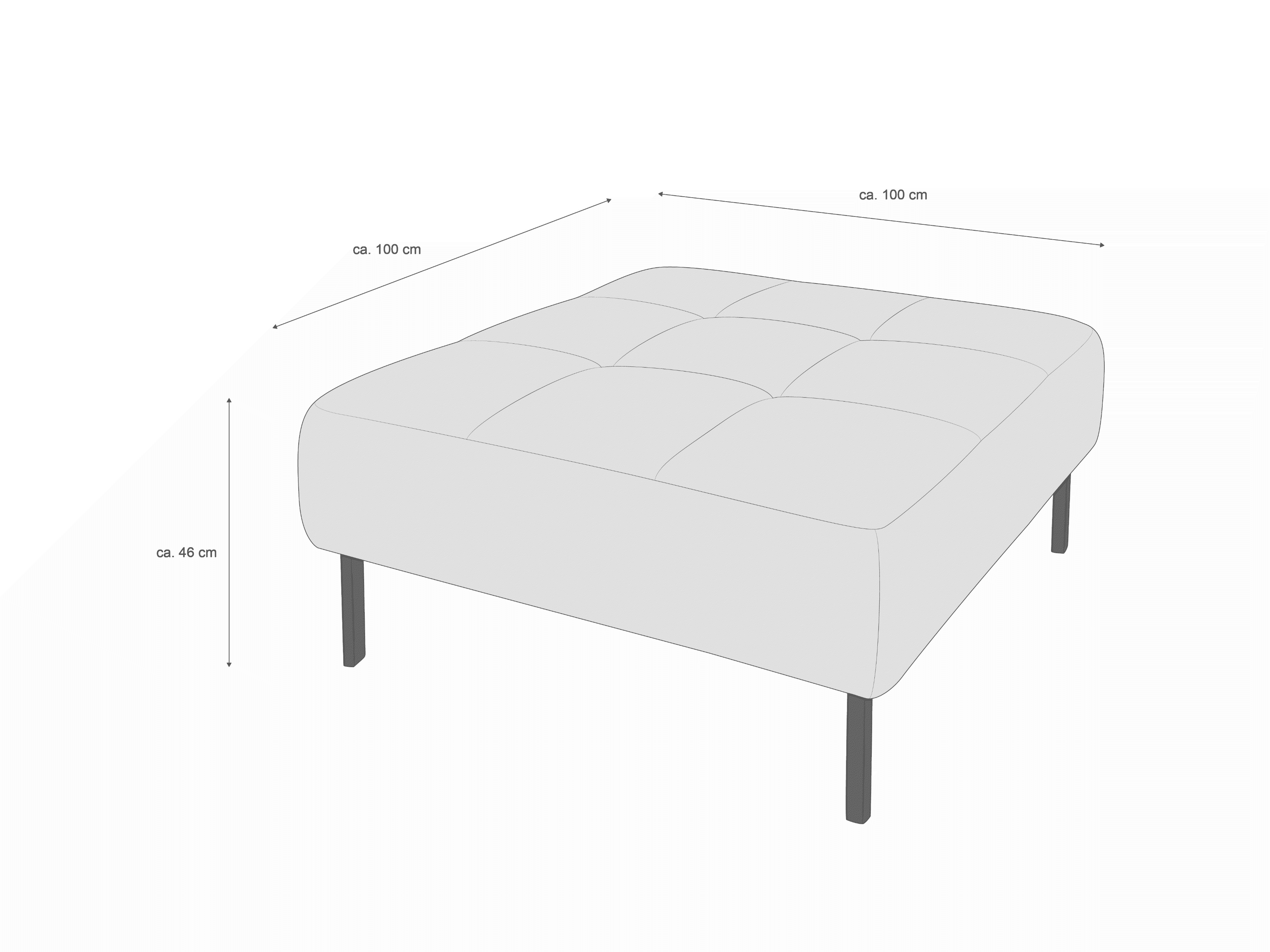 Polsterhocker quadratisch mit gepolsterter, gesteppt wirkender Sitzfläche und vier dunklen Beinen.