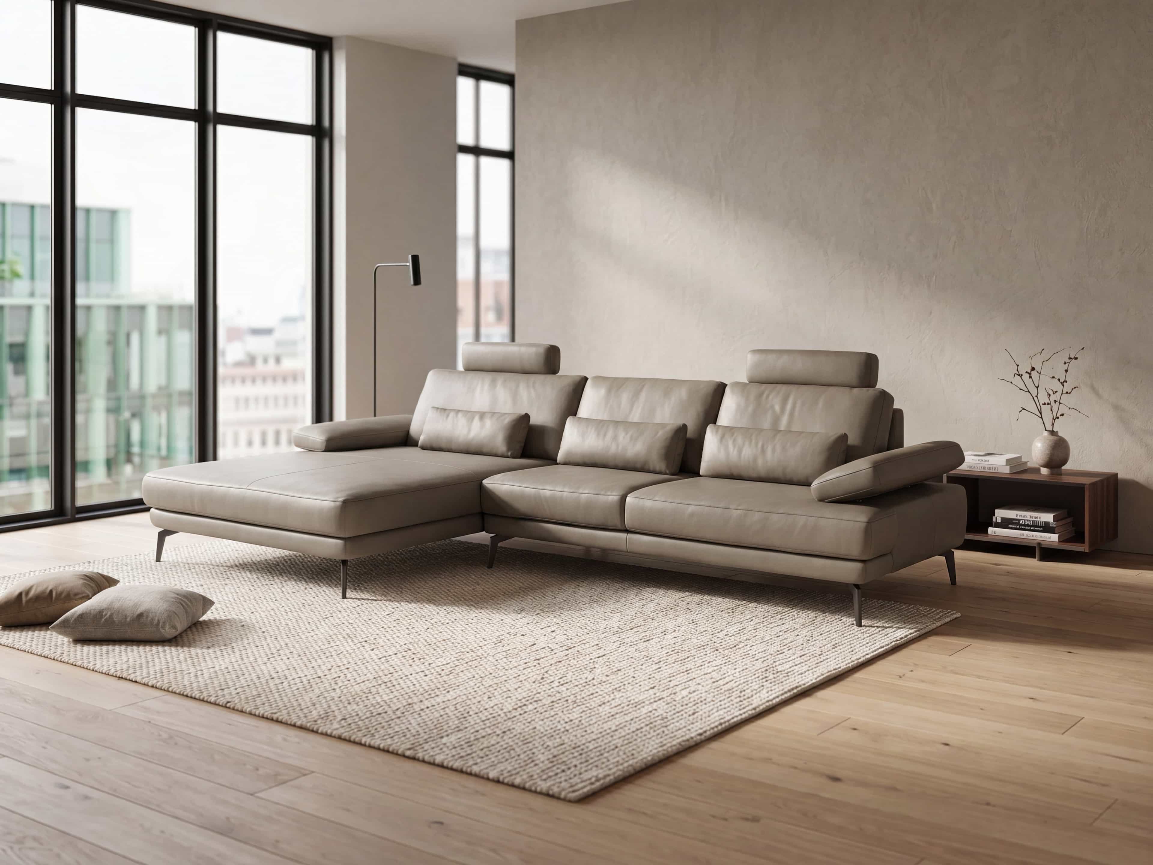 Ecksofa mit verstellbaren Kopfstützen aus beigefarbenem Leder und Metallfüßen, linksseitige Recamiere
