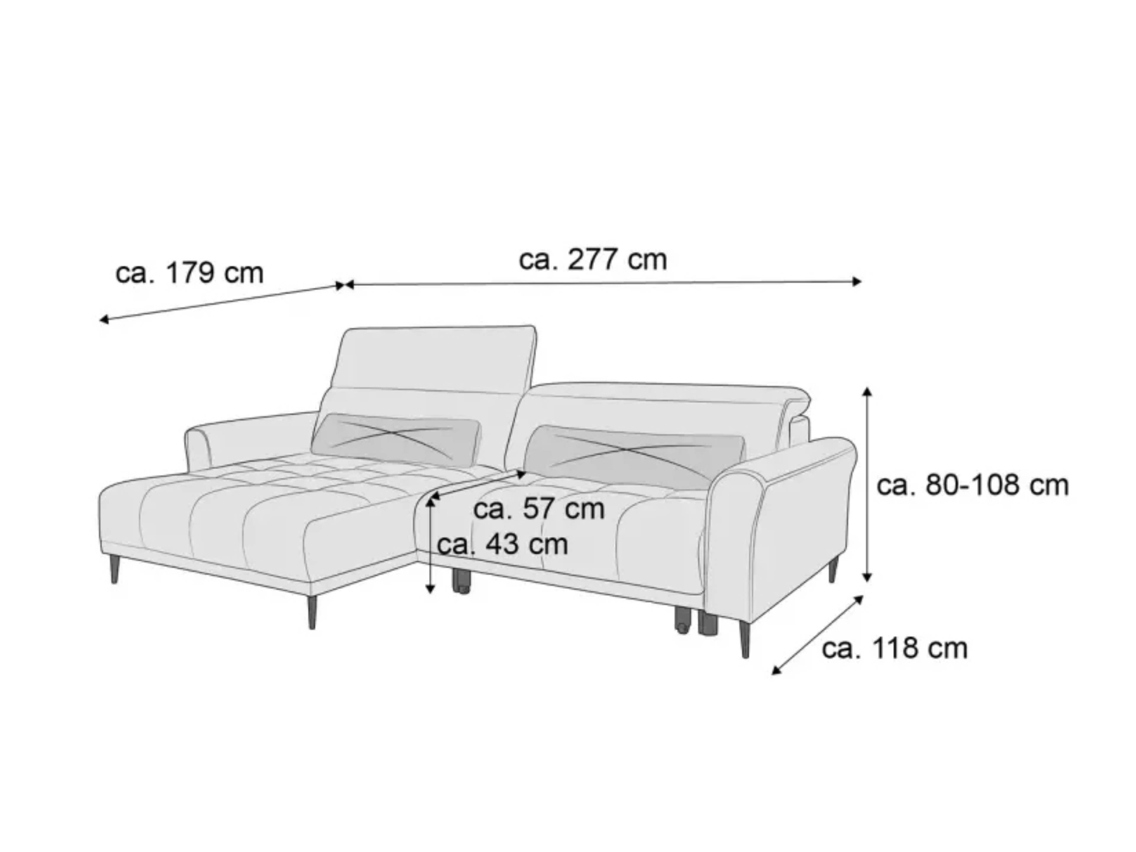 Ecksofa mit Armlehnen, gepolsterten Sitzflächen, Kopfstützen und sichtbaren Sofafüßen, technische Zeichnung