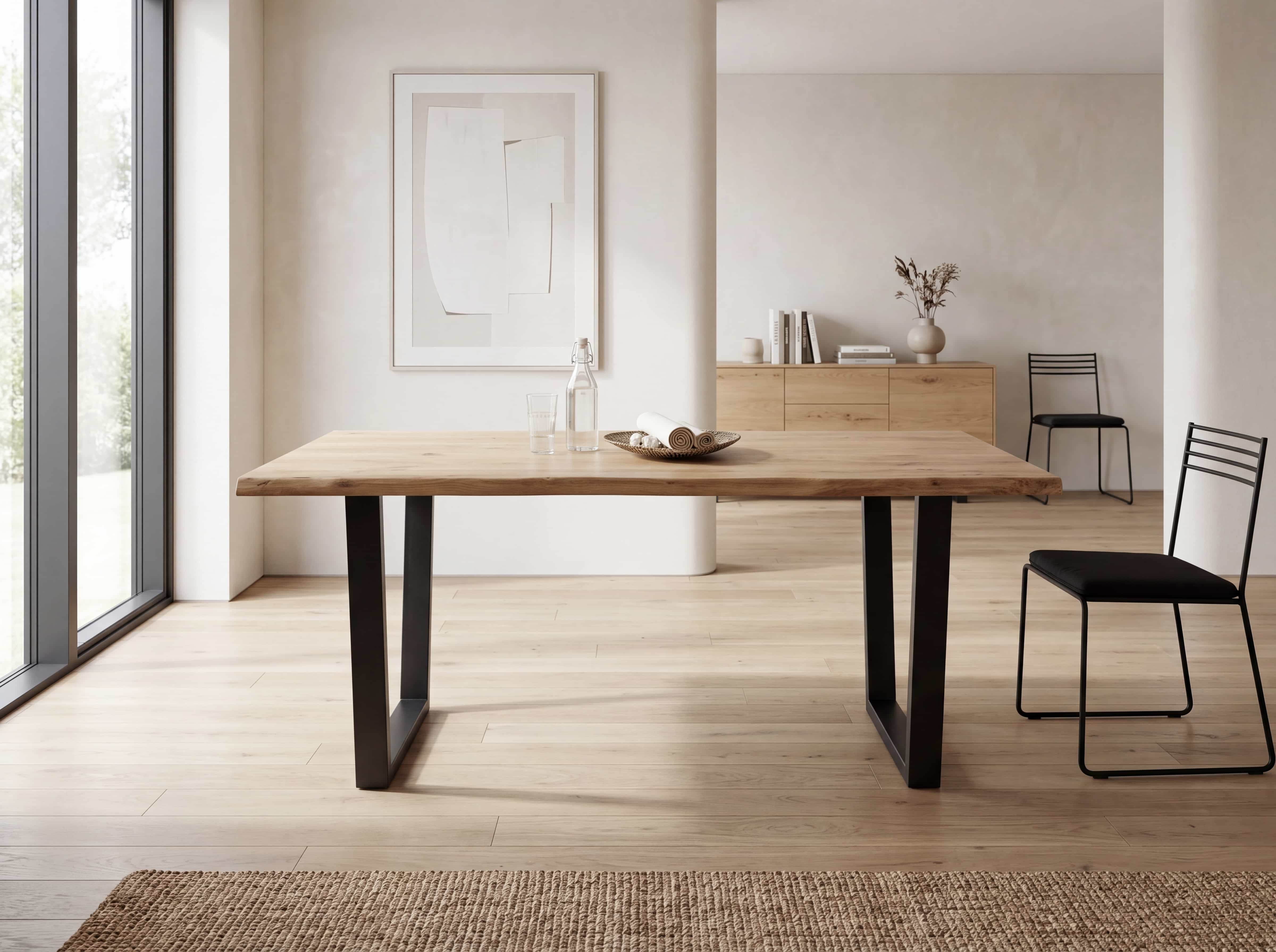 Esstisch mit rechteckiger, naturfarbener Holzplatte und schwarzem Metallgestell in U-Form
