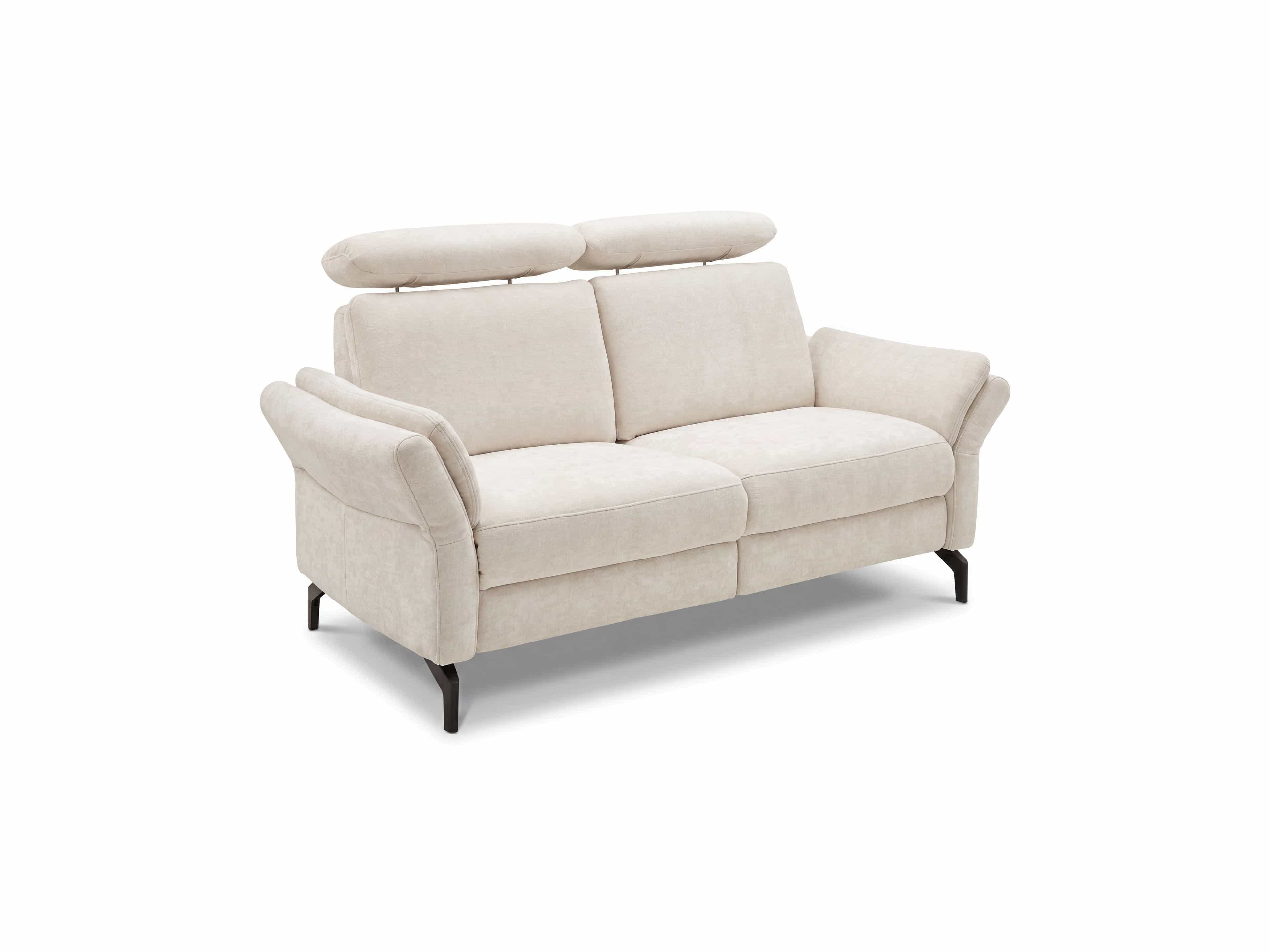 2-Sitzer Sofa Kabs mit beigem Stoffbezug, gepolsterten Armlehnen, verstellbaren Kopfteilen und schwarzen Füßen