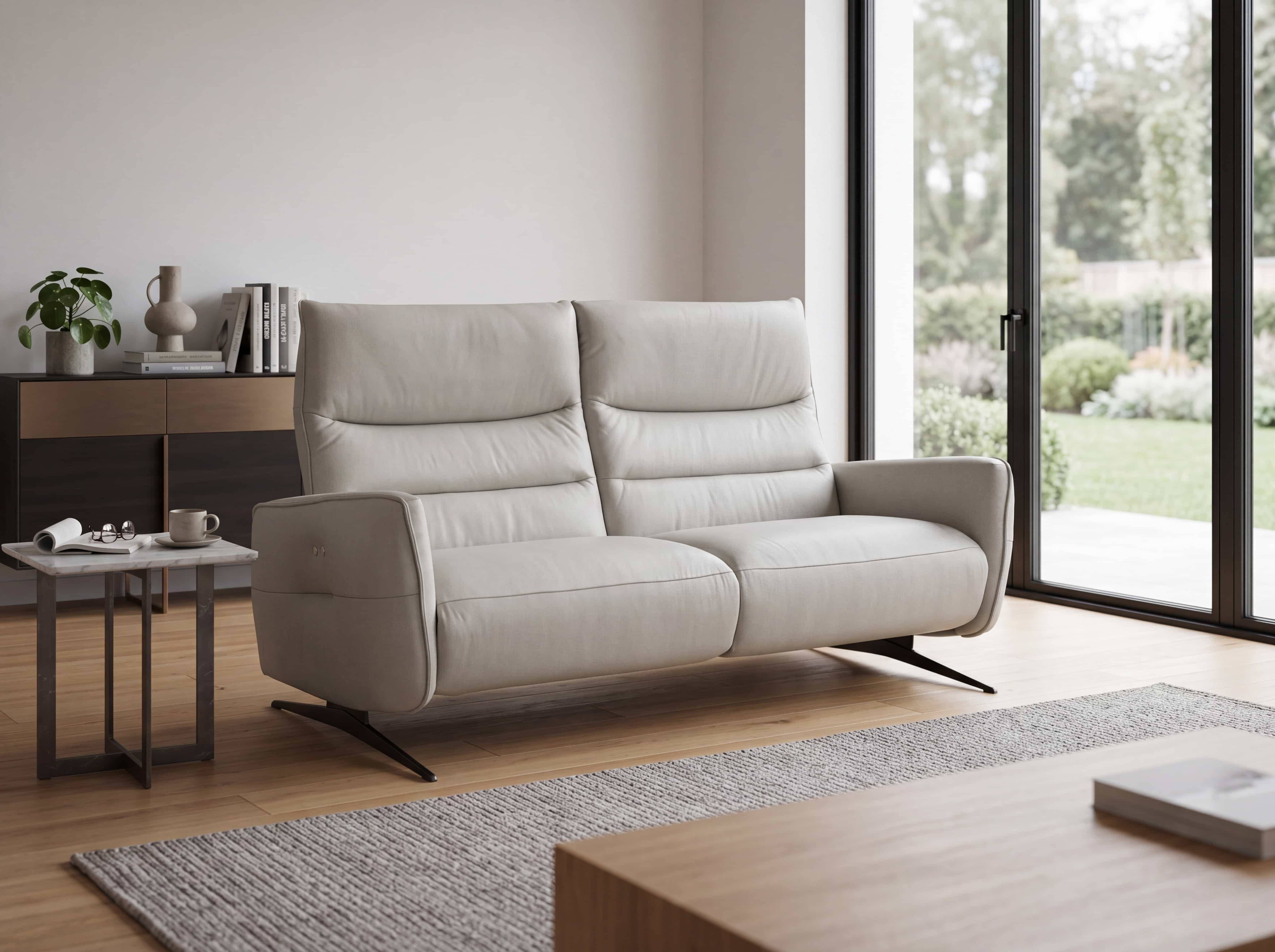 2-Sitzer Sofa Livorno mit Lederbezug in Beige, gepolsterte Rückenlehne, Armlehnen und Metallfüßen