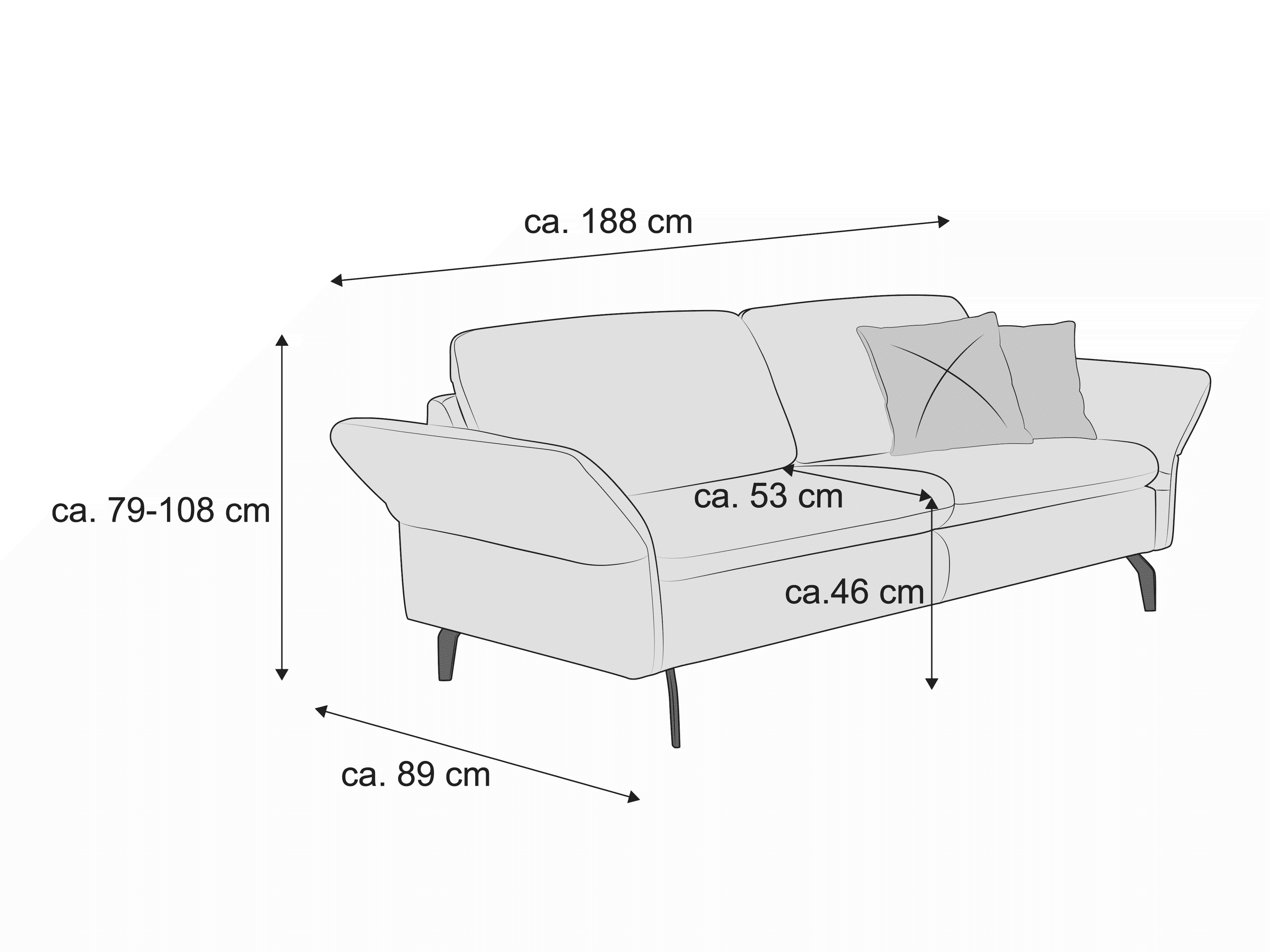 2-Sitzer Sofa mit Armlehnen, gepolstertem Sitz, zwei Rückenkissen und hohen, schmalen Beinen