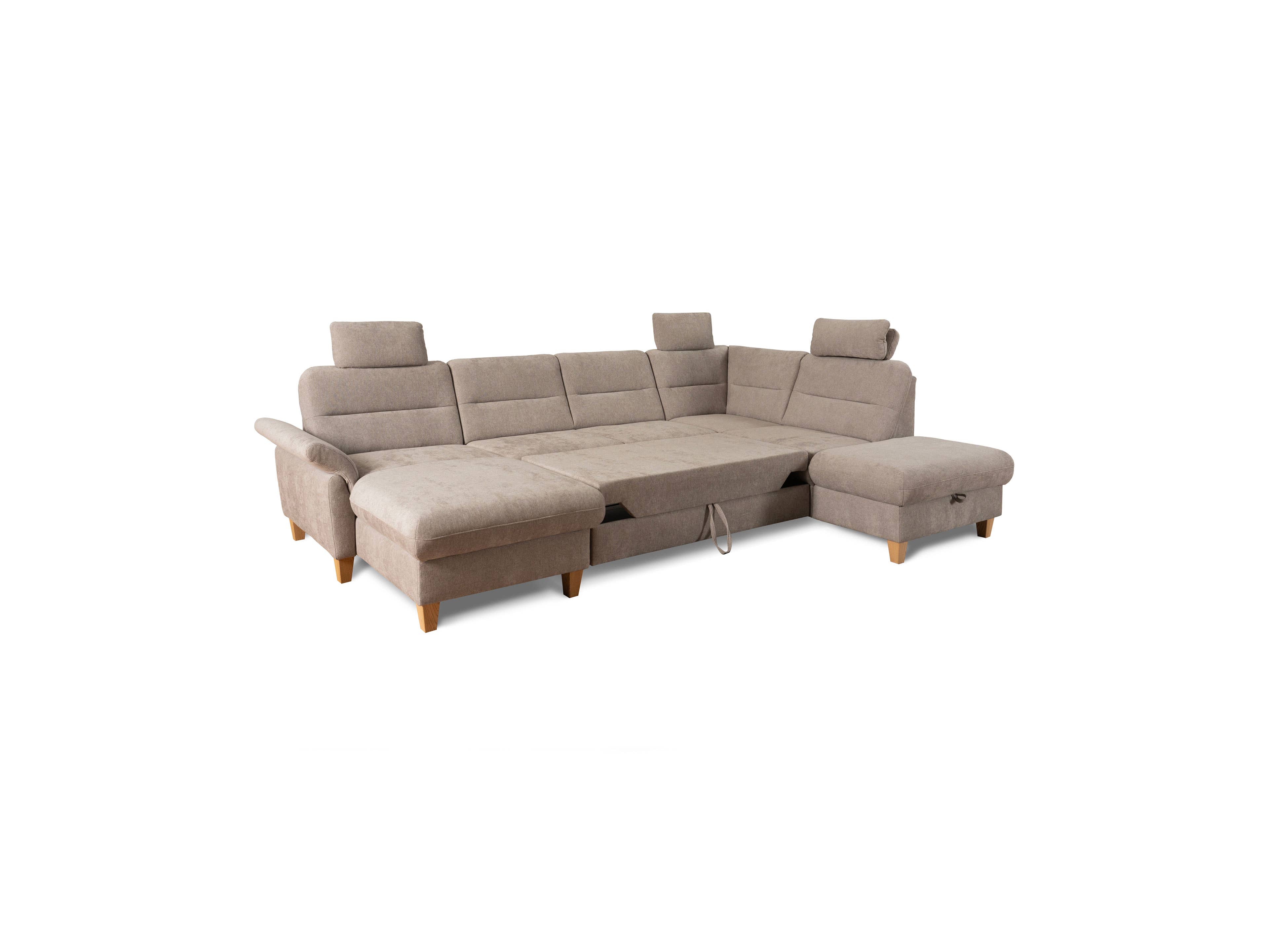 Ecksofa mit beigefarbenem Stoffbezug, verstellbaren Kopfstützen, Armlehnen und Holzfüßen