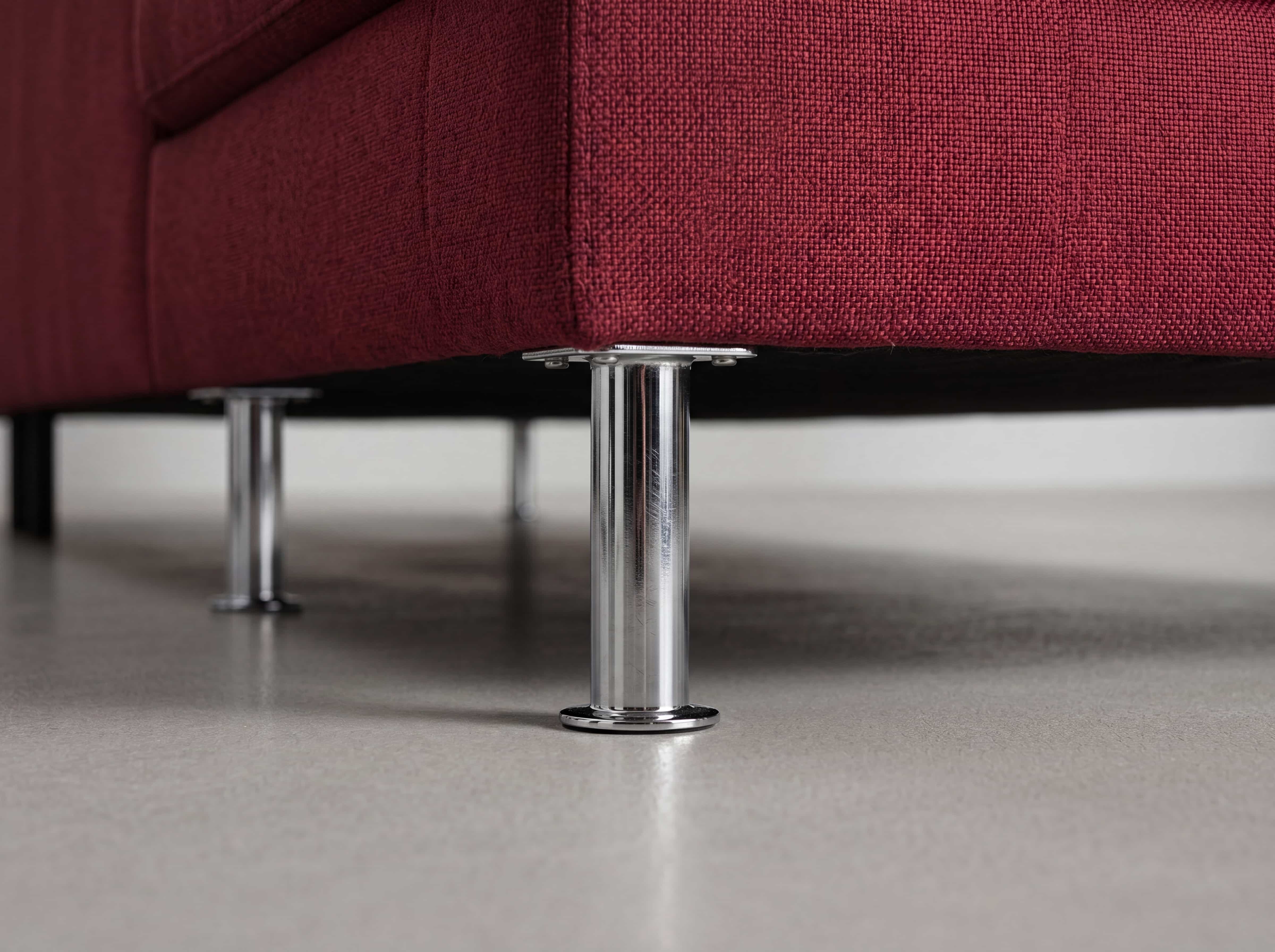 Ecksofa mit bordeauxrotem Stoffbezug und runden verchromten Metallfüßen, Detailansicht unten