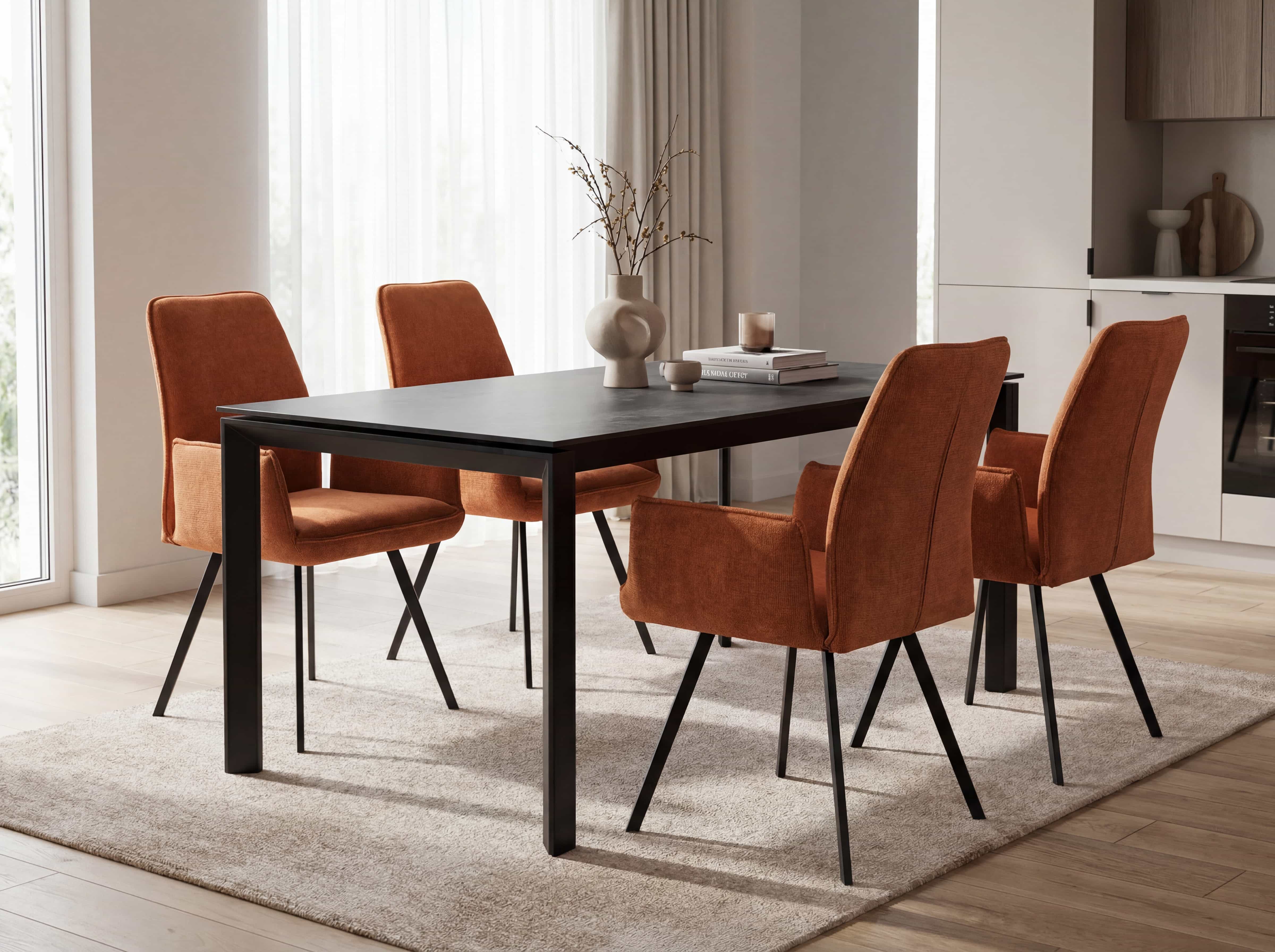 Esszimmerstuhl Kirena – orangefarbener Bezug, mit Armlehnen, schwarzes Metallgestell, gepolstert