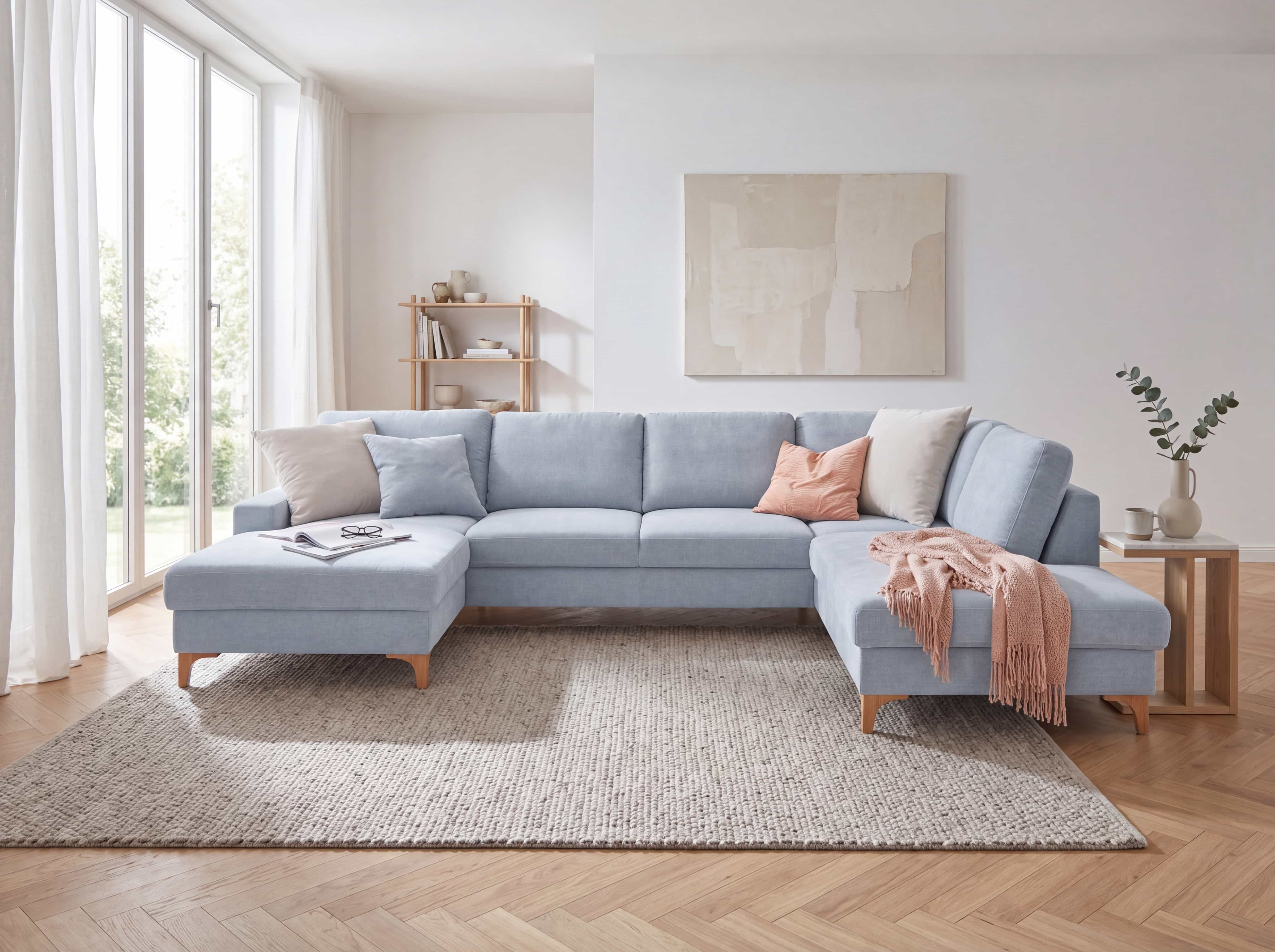 Ecksofa Kabs Polsterwelt mit hellblauem Stoffbezug, gepolsterten Rückenlehnen und Holzfüßen