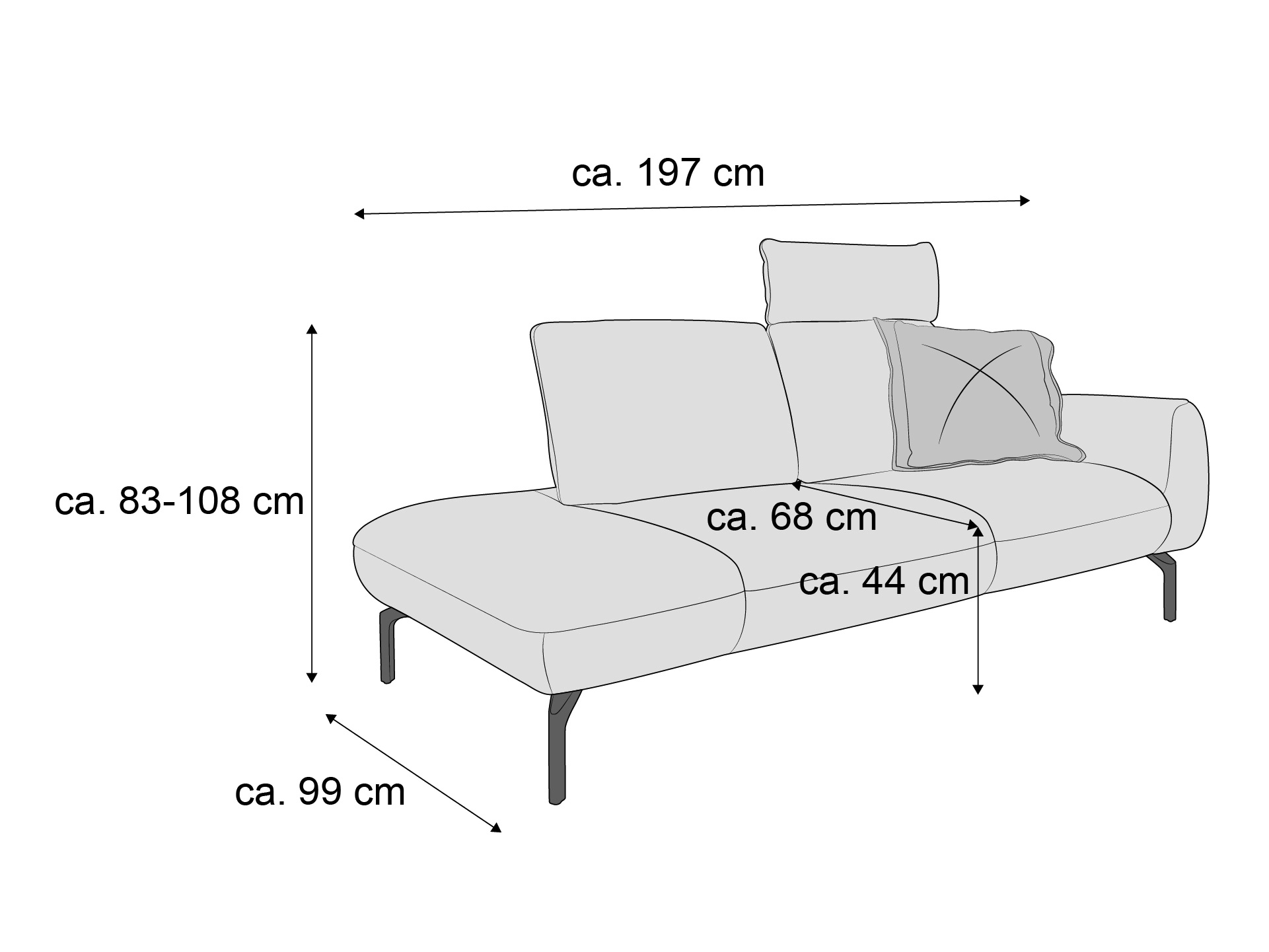 3-Sitzer-Sofa mit Armlehne rechts, gepolsterter Rückenlehne, Kopfstütze und Kissen, Vierfußgestell