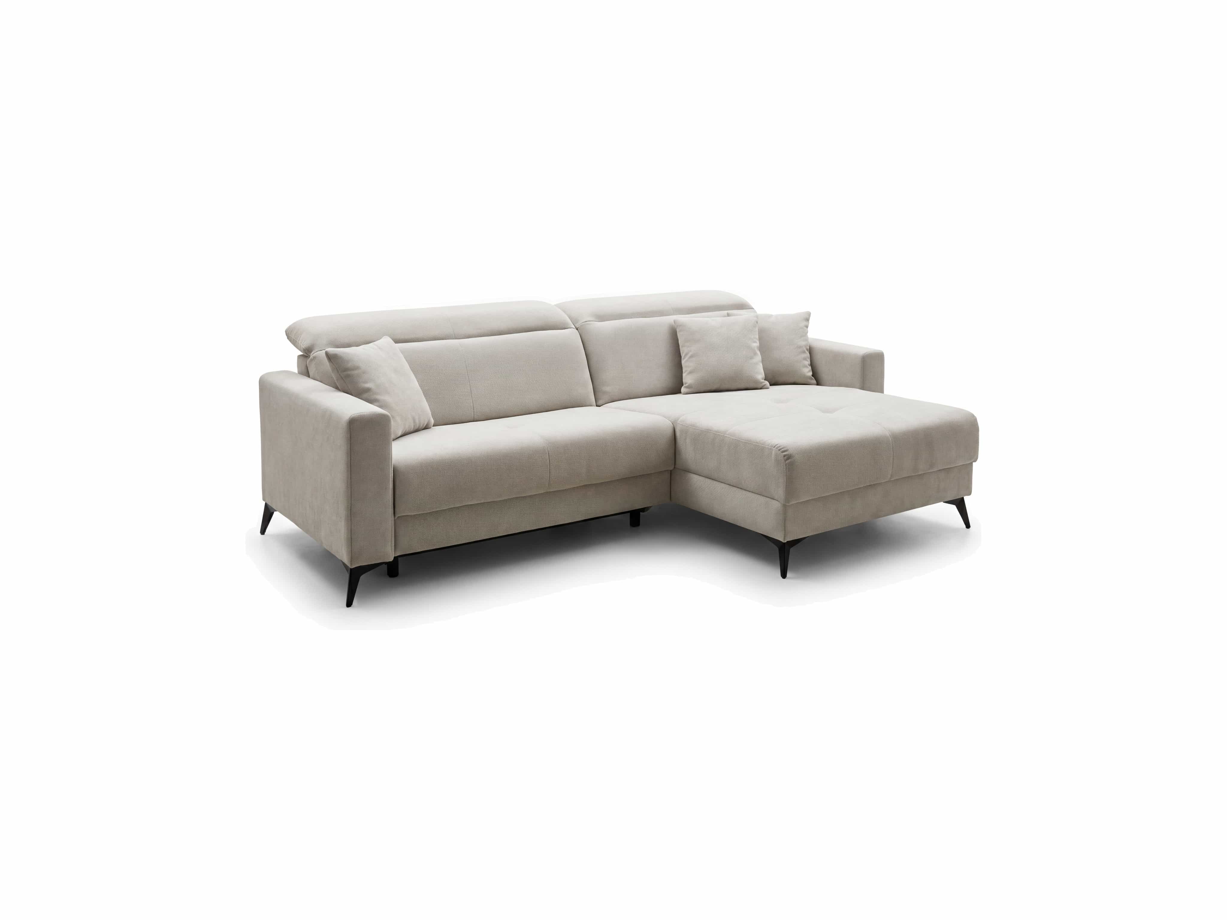 Ecksofa Iruma – beigefarbener Bezug, L-Form, schwarze schräge Füße, mit losen Rückenkissen