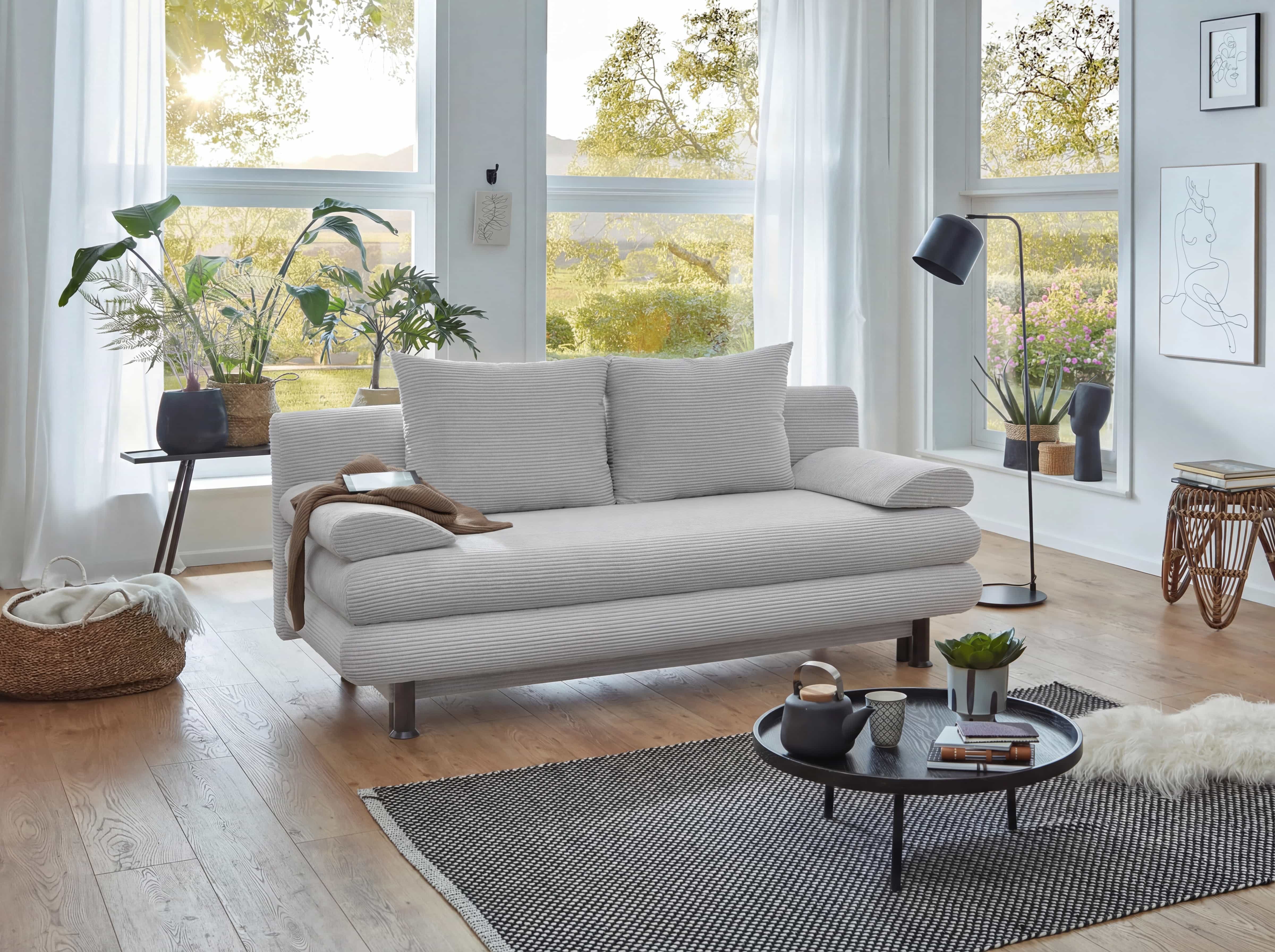3-Sitzer Sofa Kabs Polsterwelt mit hellgrauem, geripptem Stoffbezug, silberne Metallfüße, Armlehnen
