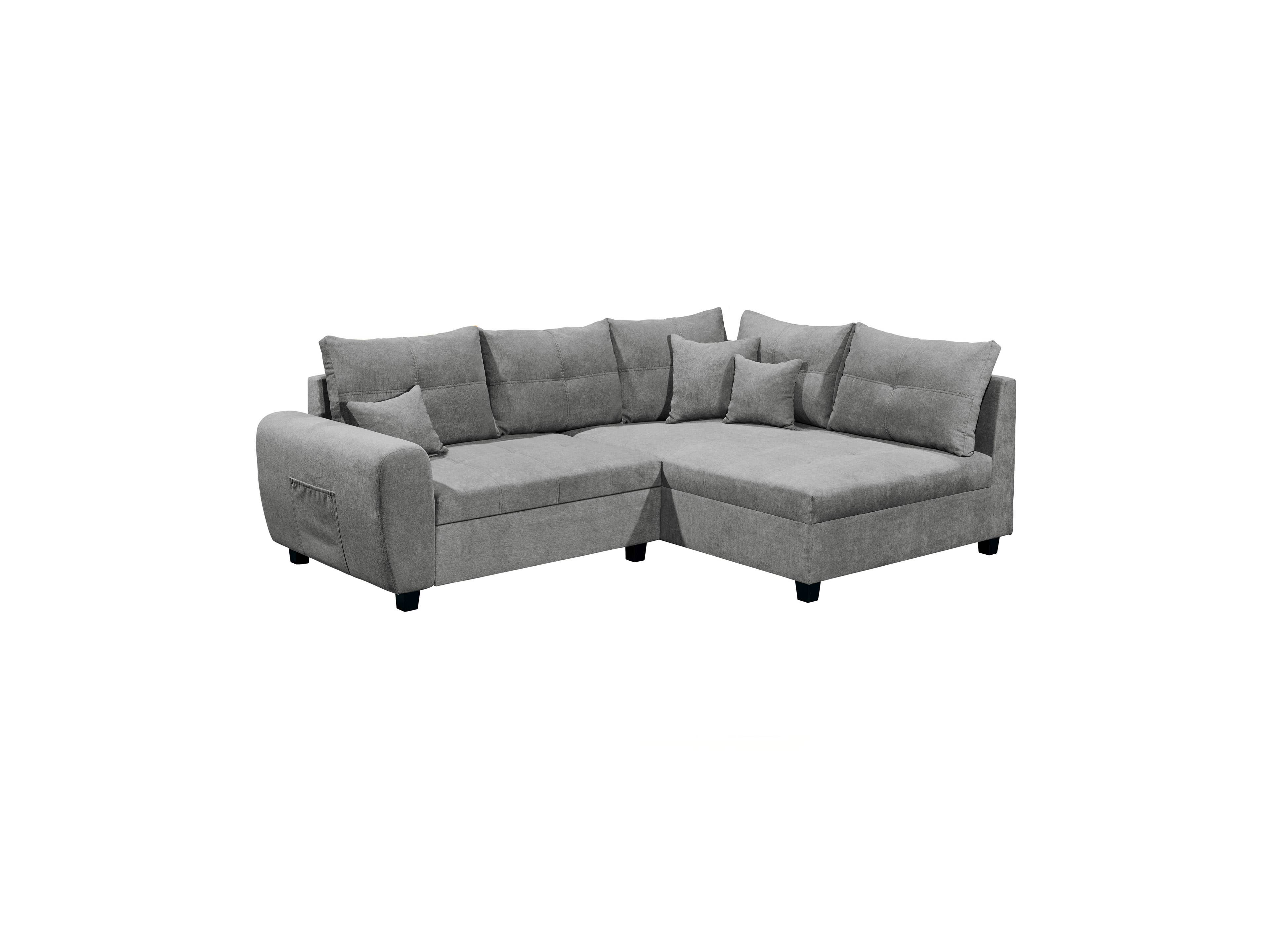 Ecksofa Briella – grauer Bezug, L-Form, breite Armlehne, lose Rückenkissen, schwarze Füße