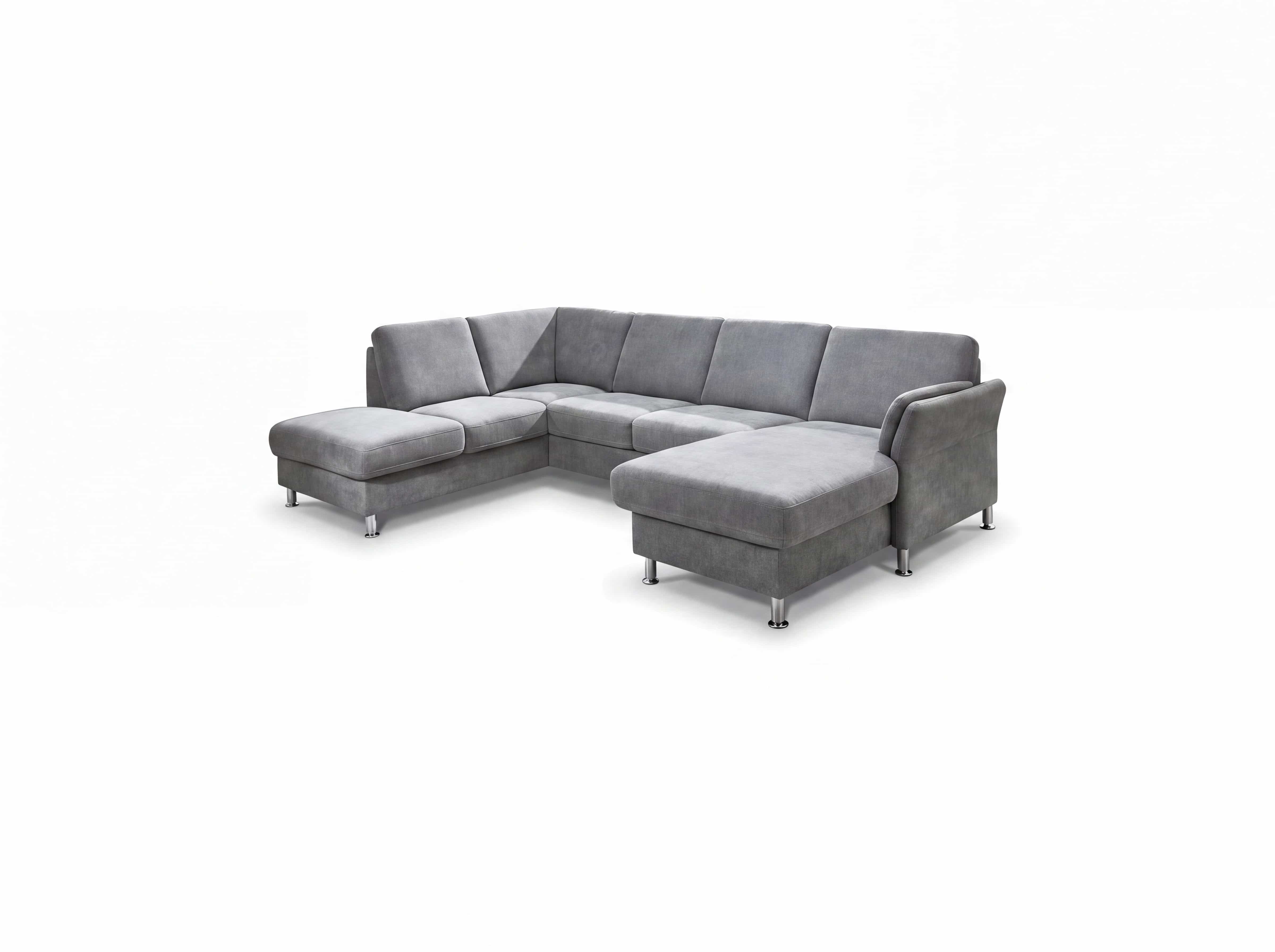 Ecksofa Kabs Polsterwelt mit grauem Stoffbezug, L-Form, gepolsterten Rückenlehnen und Metallfüßen