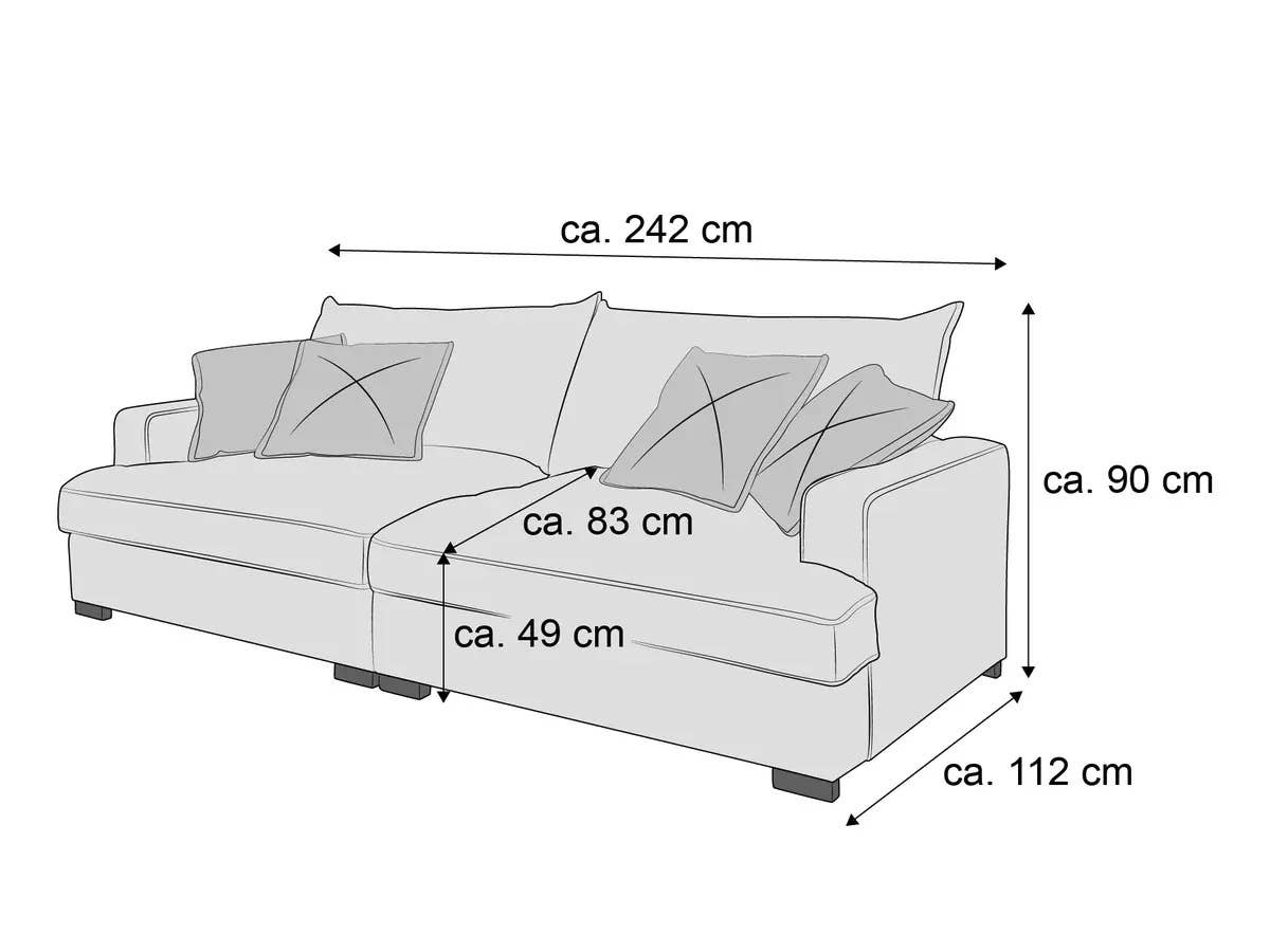 Ecksofa mit Stoffbezug, Armlehnen beidseitig, vier Rückenkissen, kubische Form, niedrige Sofafüße
