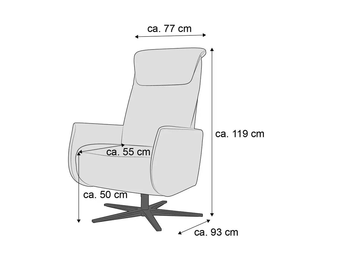 Sessel mit hoher Rückenlehne, Armlehnen und Sternfuß, Maße und Proportionen grafisch dargestellt