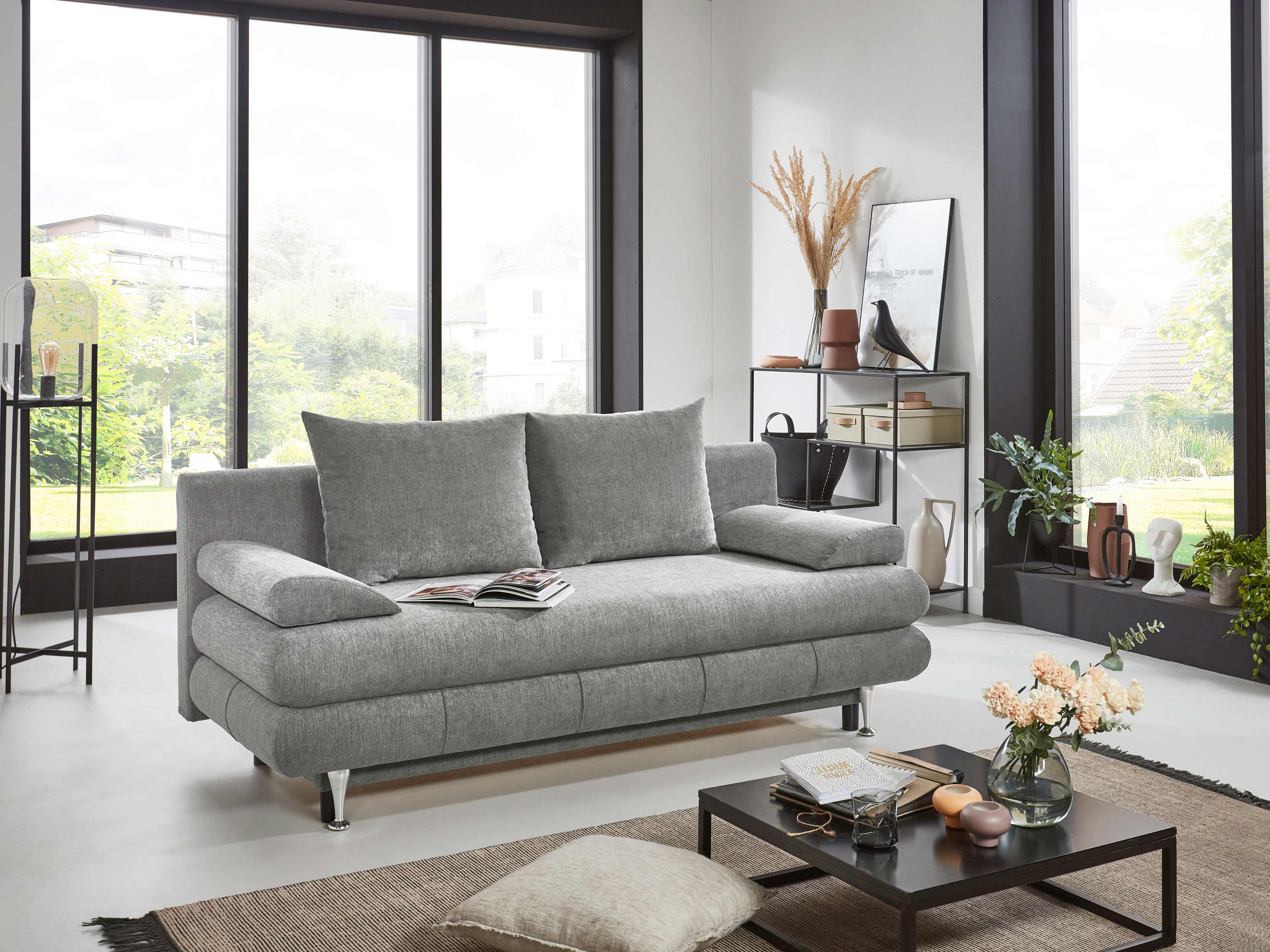 3-Sitzer Sofa Kabs Polsterwelt mit Stoffbezug in Hellgrau, zwei Armlehnen, chromfarbenen Füßen