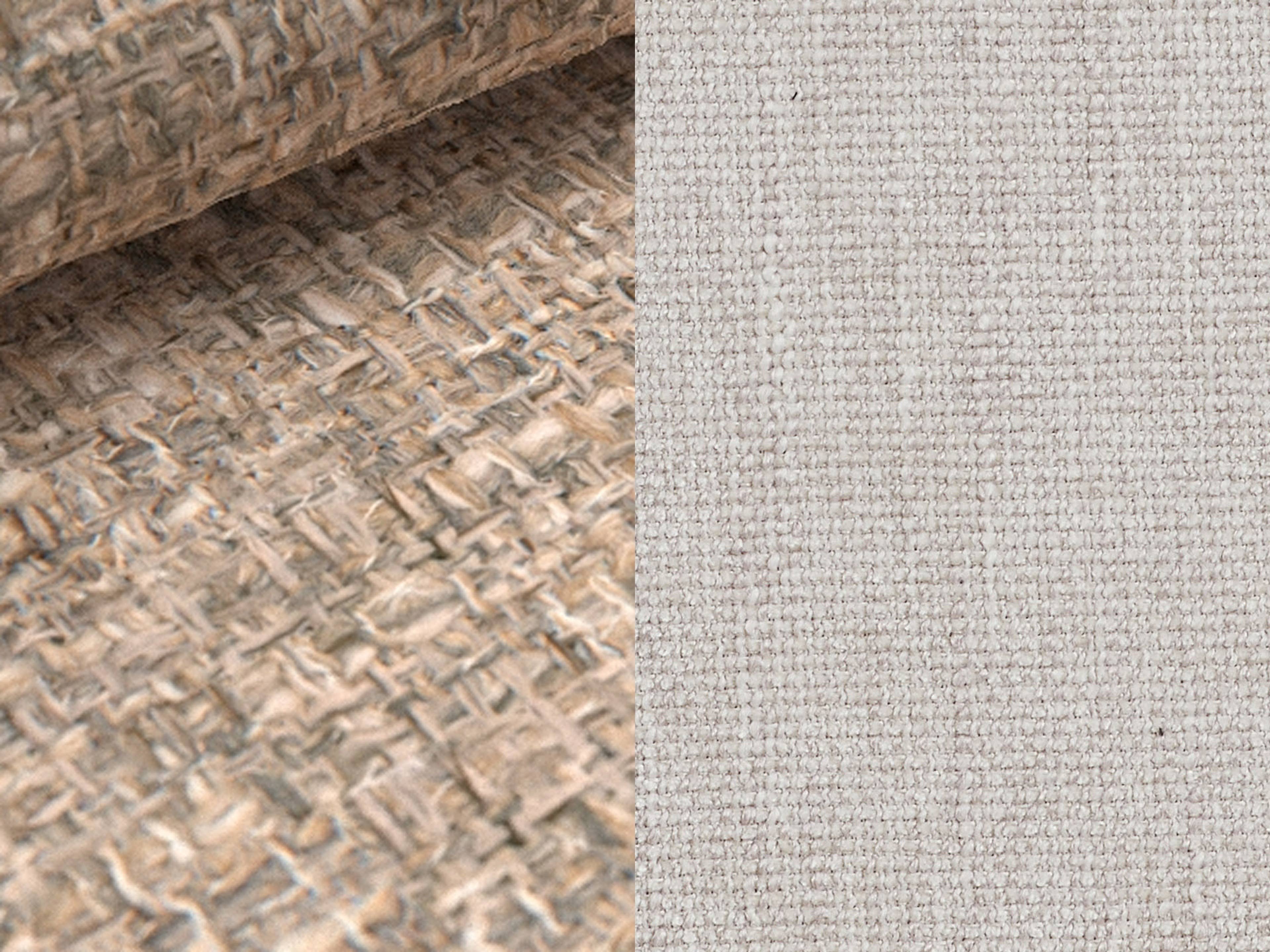 Zwei Stoffmuster in Nahaufnahme, links melierter grober Strukturstoff, rechts fein gewebter Stoff in Beige.