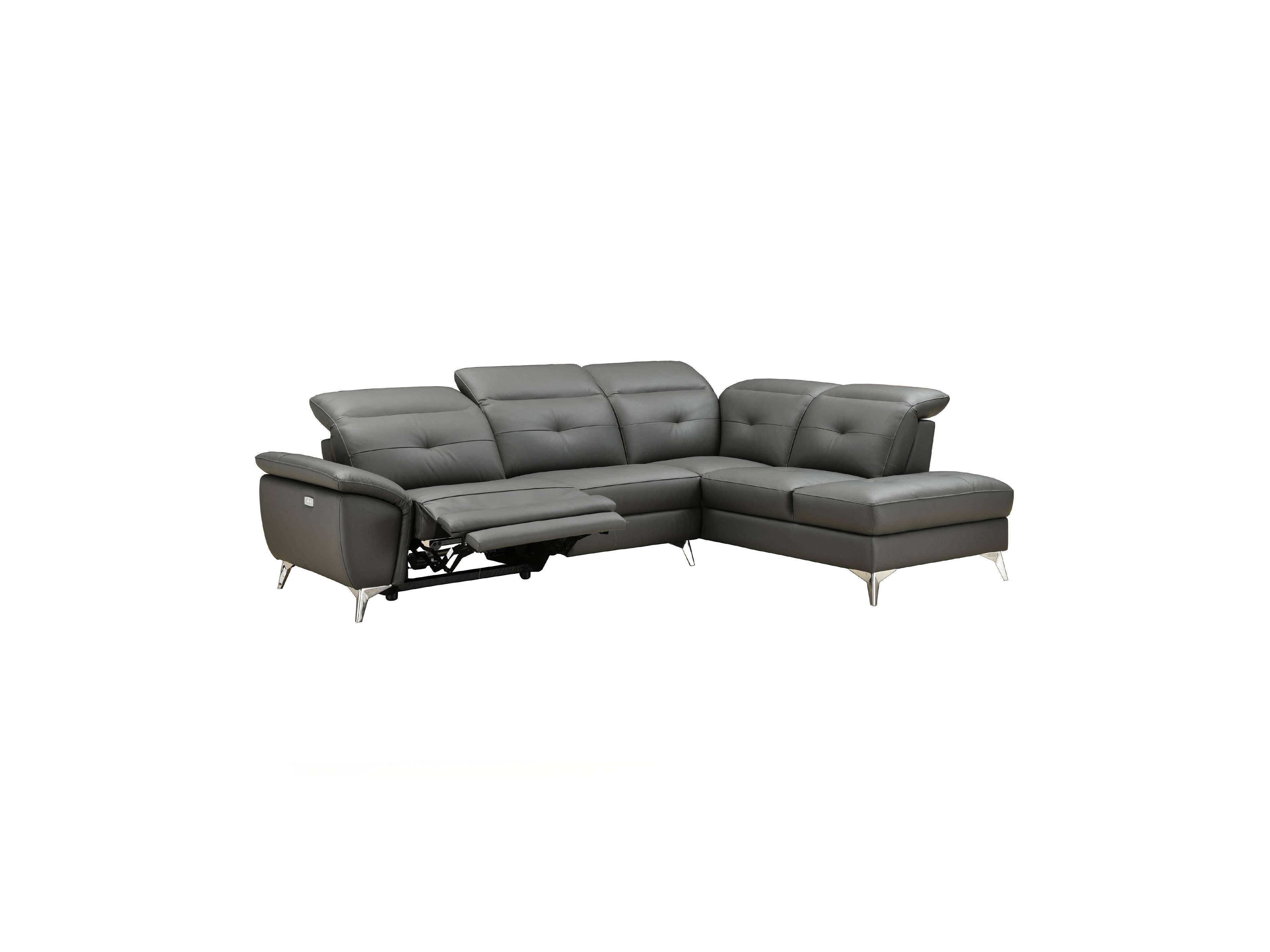 Ecksofa mit verstellbarer Liegefunktion, grauer Lederbezug, gepolsterte Rückenlehnen, Metallfüße