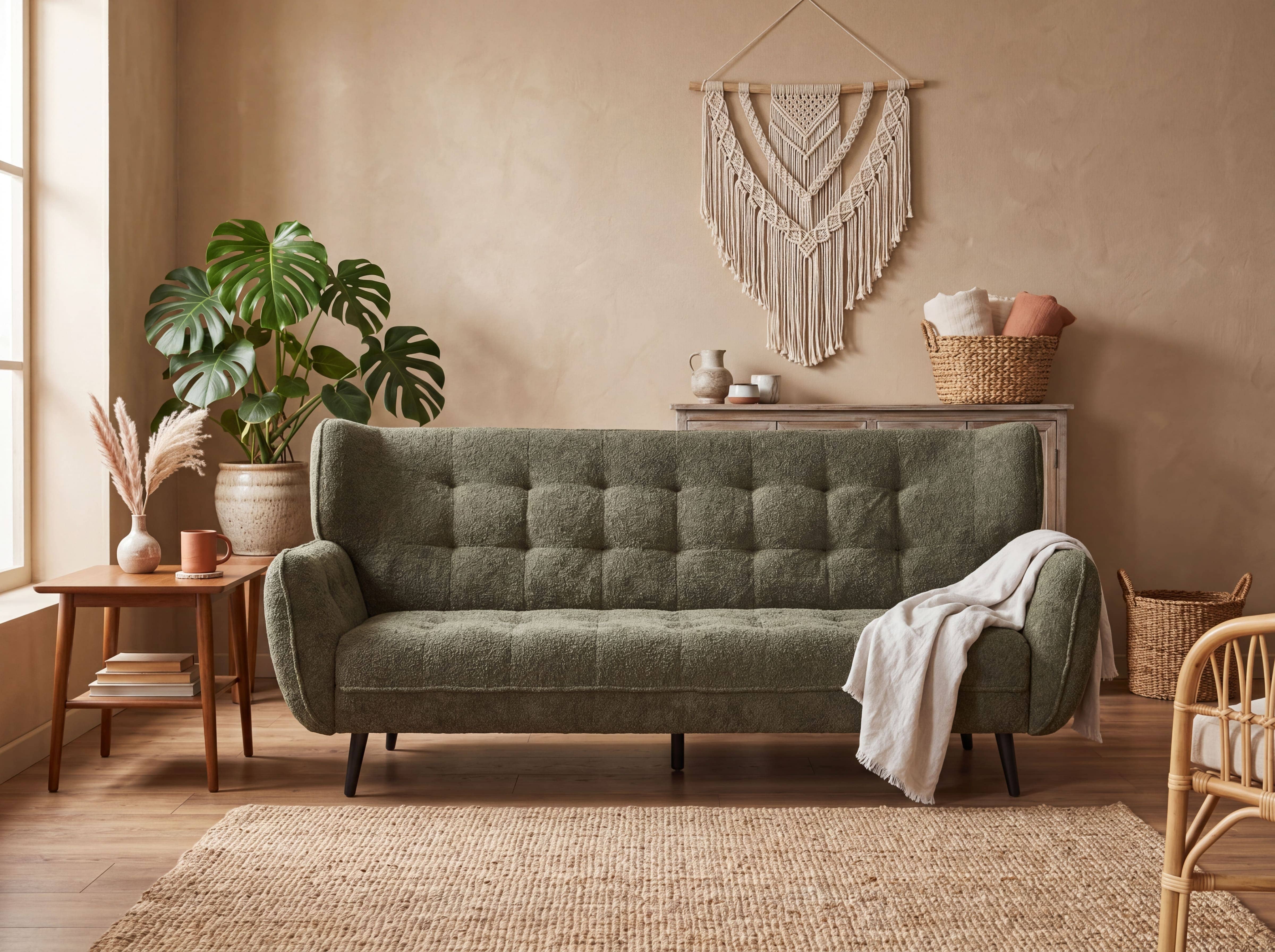 3-Sitzer Sofa Kabs Polsterwelt mit Armlehnen, grünem Stoffbezug und gesteppter Rückenlehne