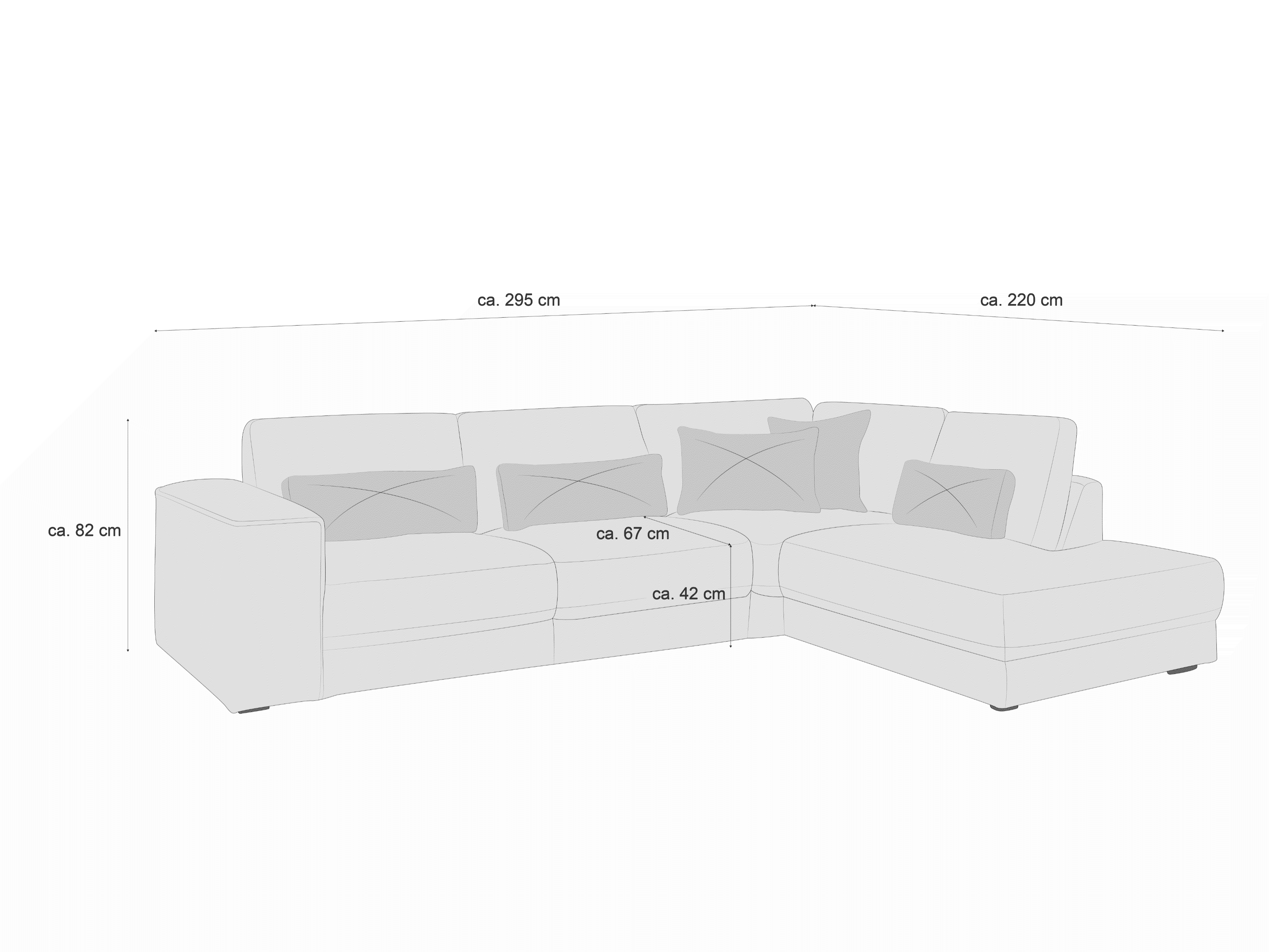 Ecksofa mit Ottomane links, gepolstertem Stoffbezug, Armlehne links und drei Rückenkissen