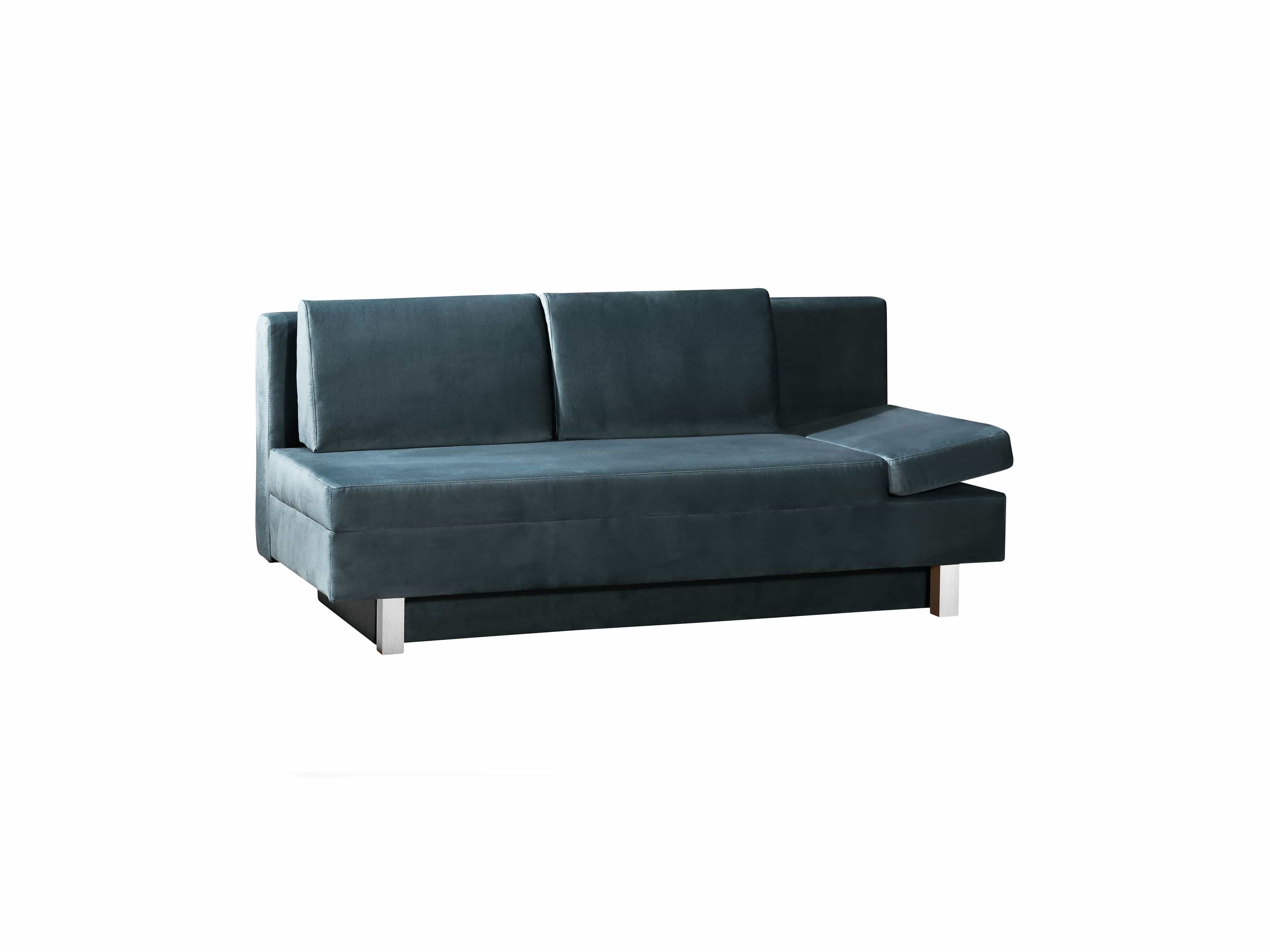 Ecksofa mit dunkelblauem Stoffbezug, gerader Rückenlehne und rechter Armlehne auf Metallfüßen