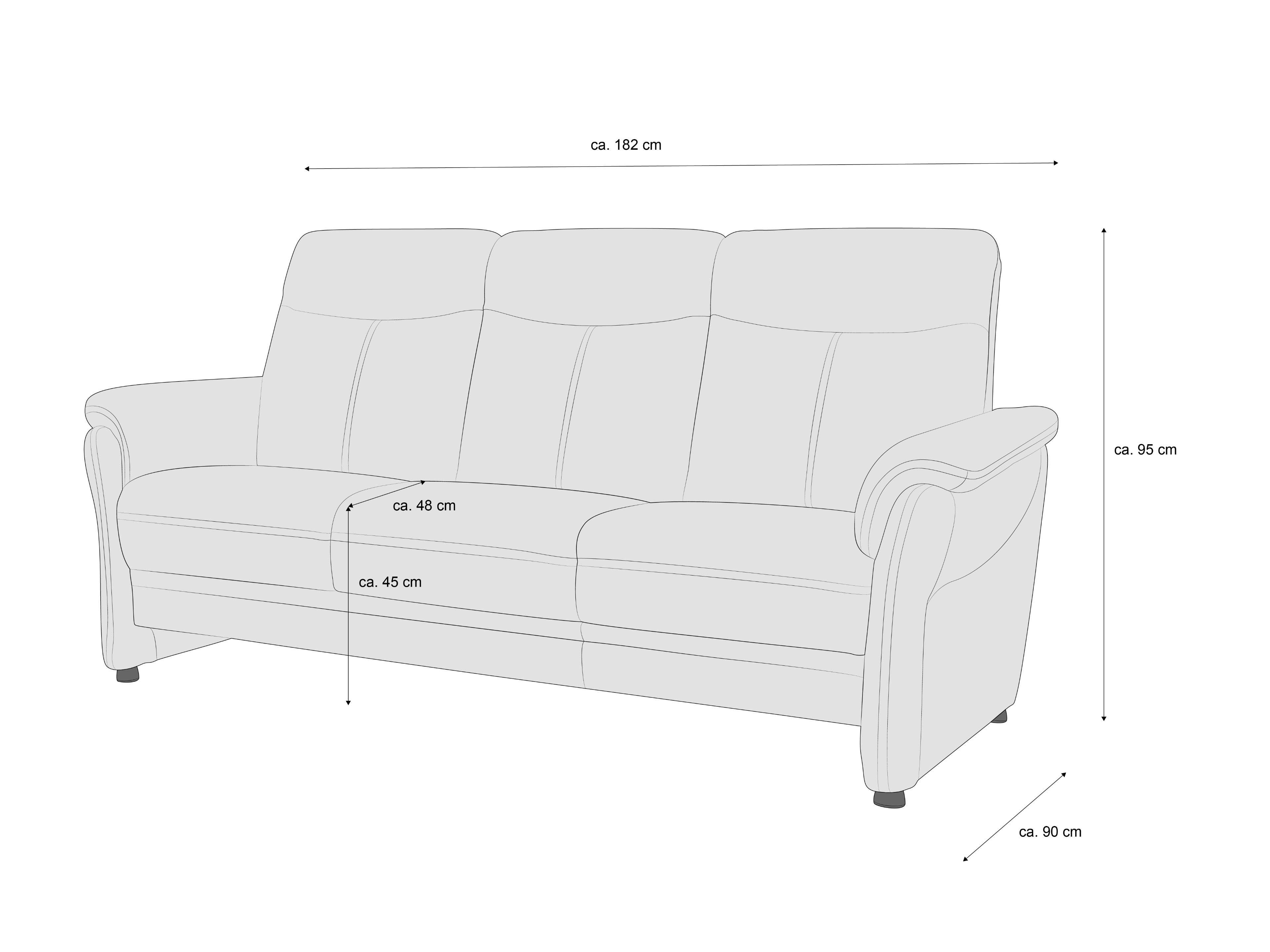 3-Sitzer Sofa mit drei Rückenlehnen, geschwungenen Armlehnen, sichtbarer Polsterung und kurzen Füßen