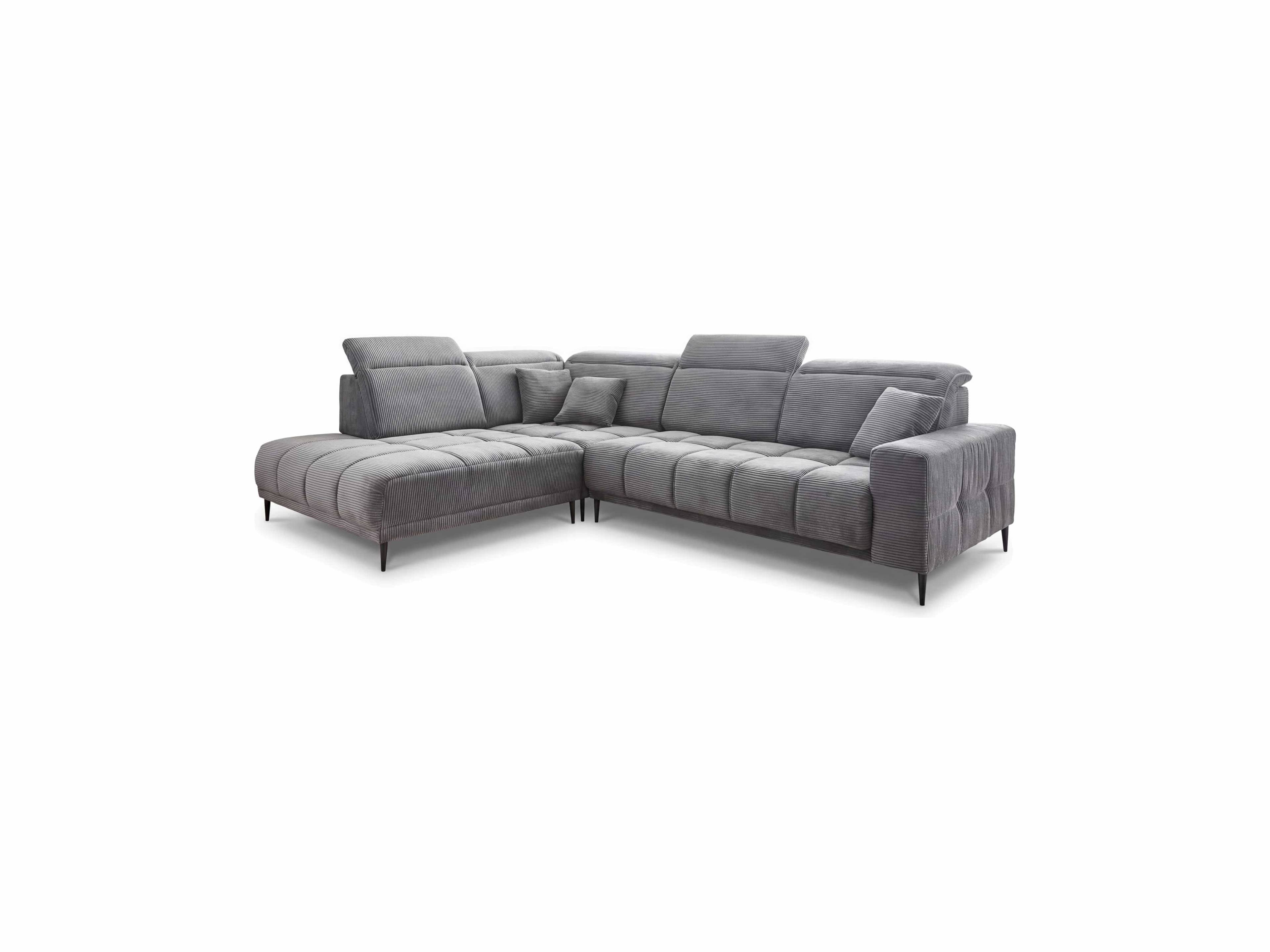 Ecksofa Irun – grauer Cordbezug in L-Form mit Armlehnen, verstellbaren Kopfstützen und Metallfüßen