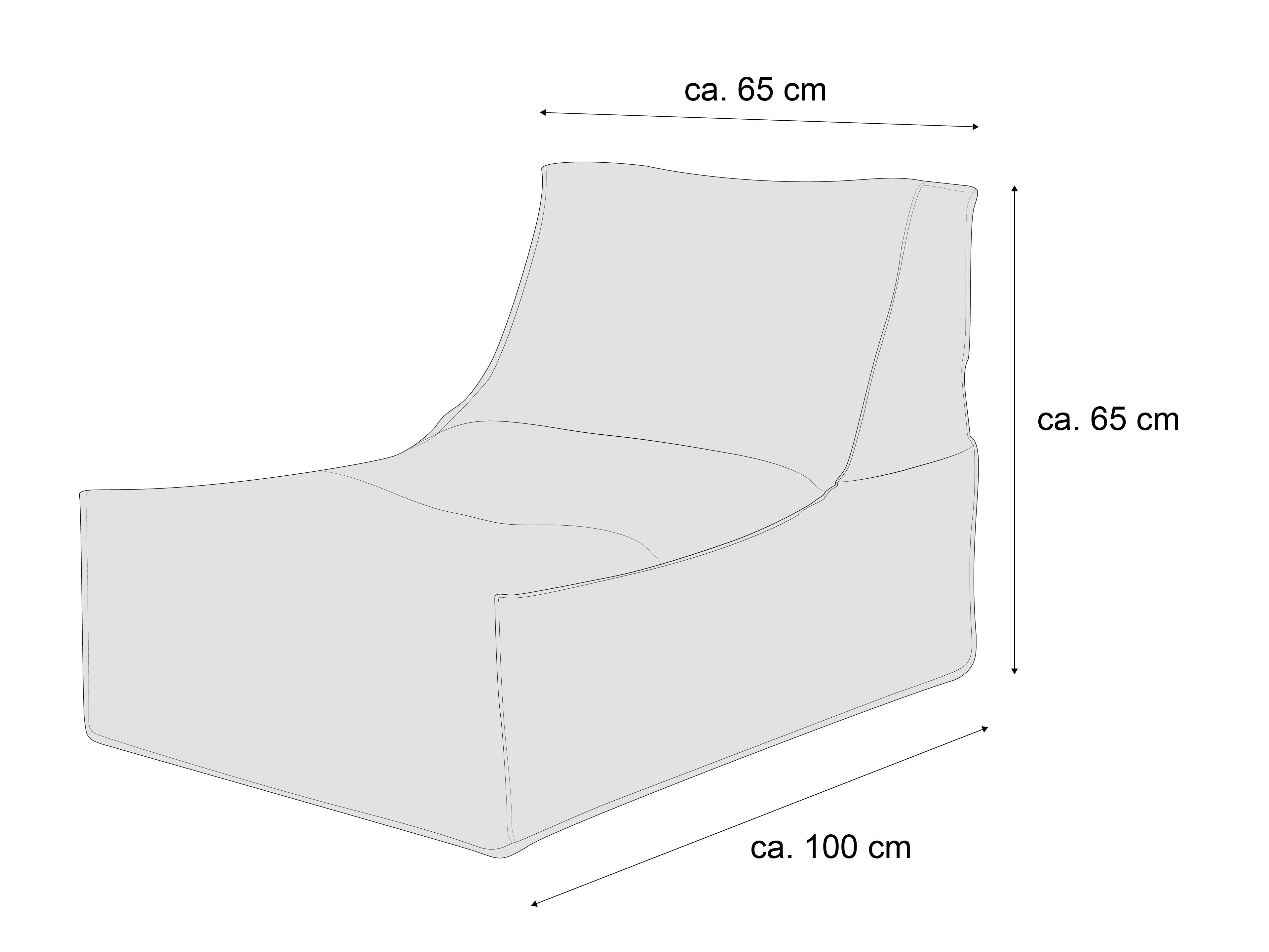 Sitzsack in eckiger Form mit niedriger Rückenlehne, sichtbarer Steppung und abgerundeten Kanten