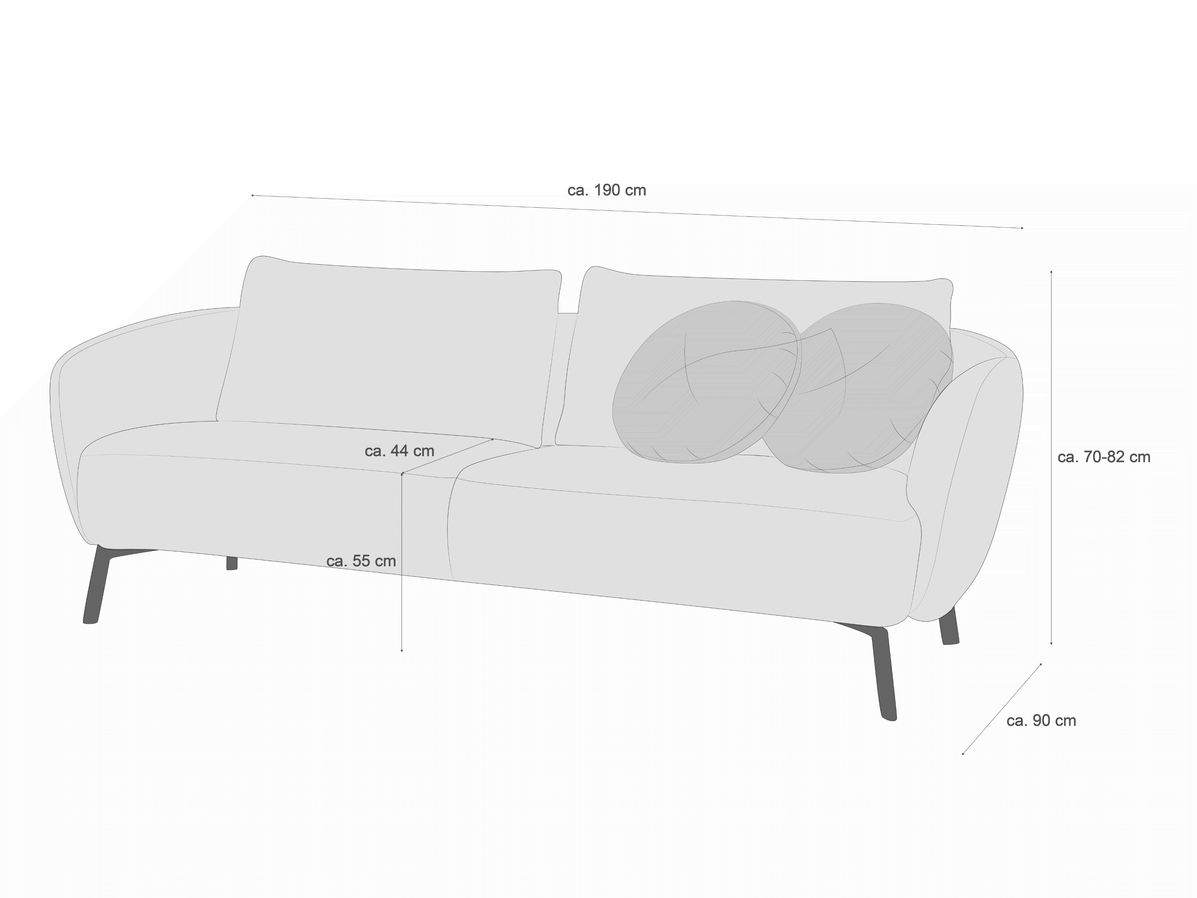 Zweisitzer-Sofa mit gepolsterter Rückenlehne, abgerundeten Armlehnen und schlanken dunklen Beinen