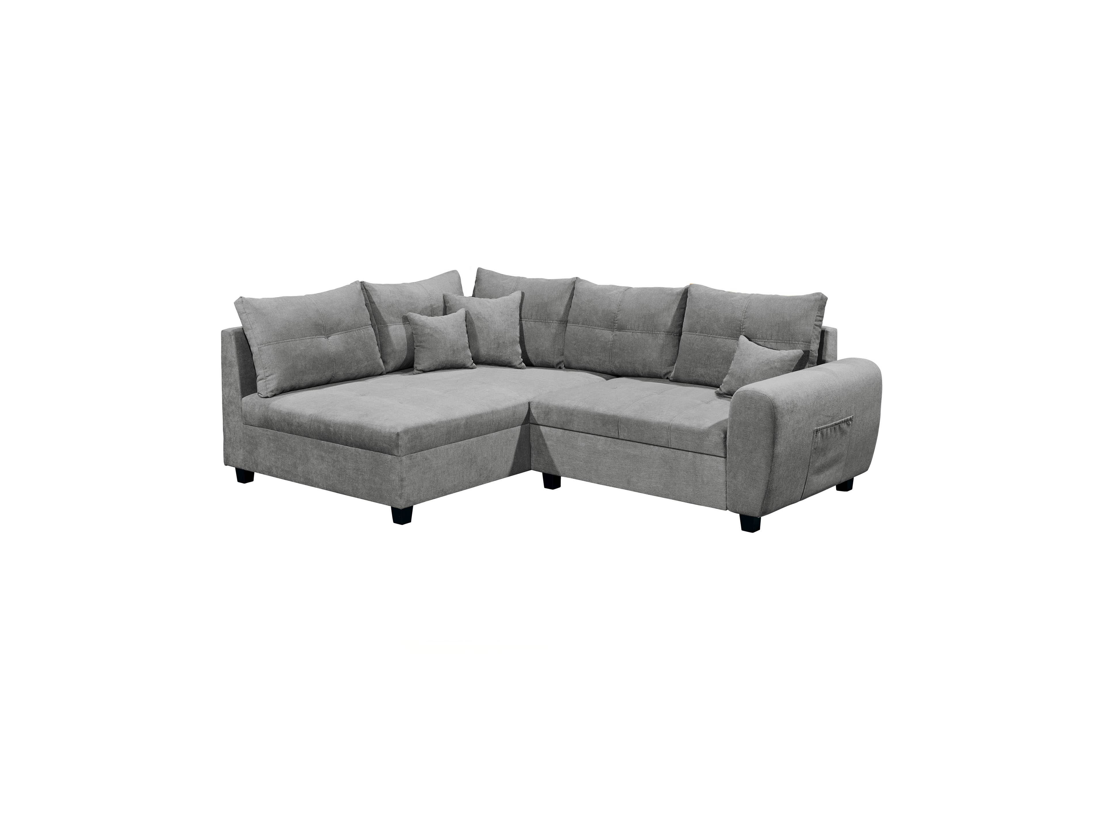 Ecksofa mit grauem Stoffbezug, gepolsterter Rückenlehne, Armlehne rechts und schwarzen Füßen