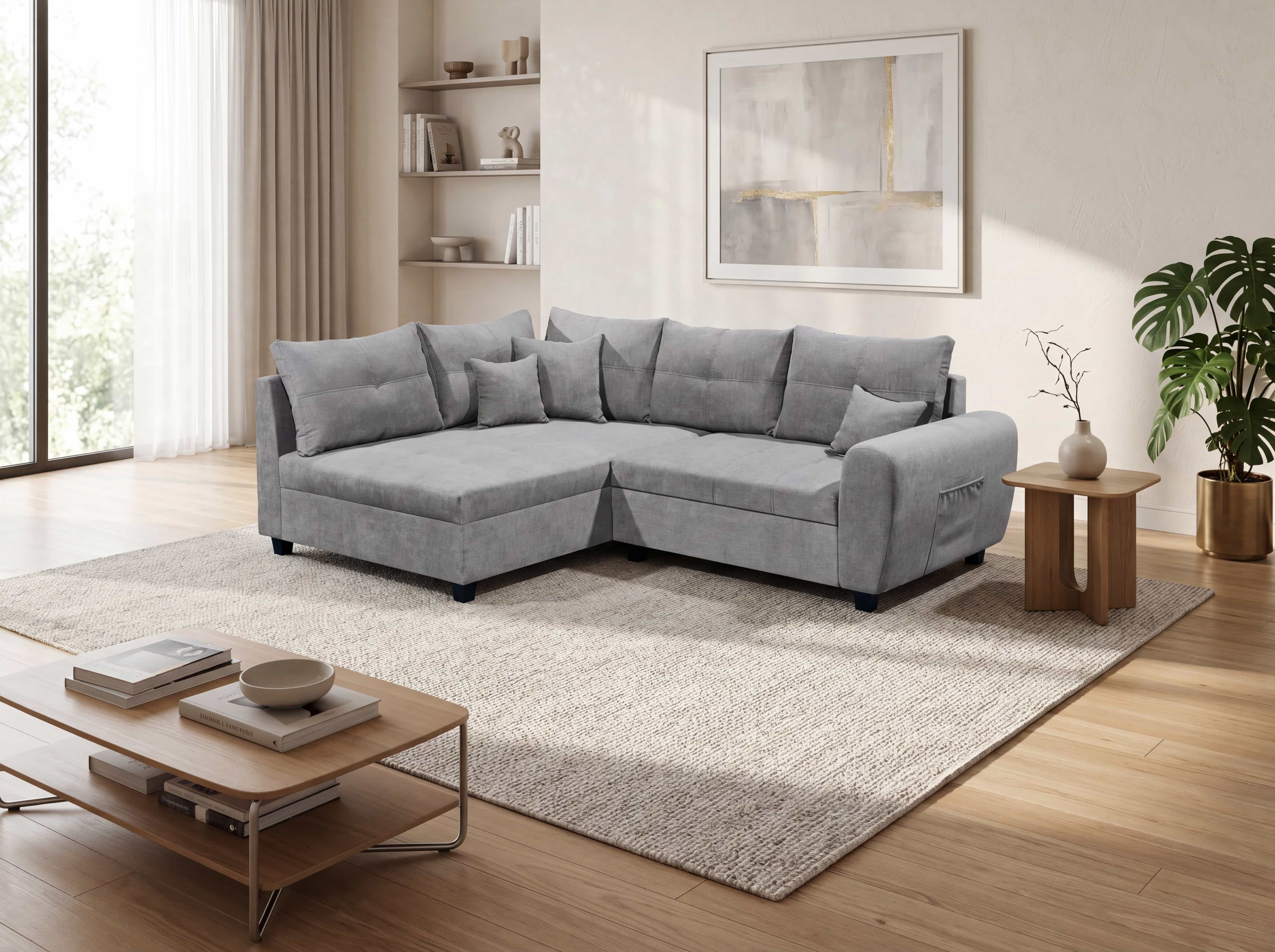 Ecksofa Kabs Polsterwelt mit grauem Stoffbezug, L-Form, gepolsterter Rückenlehne und Armlehnen